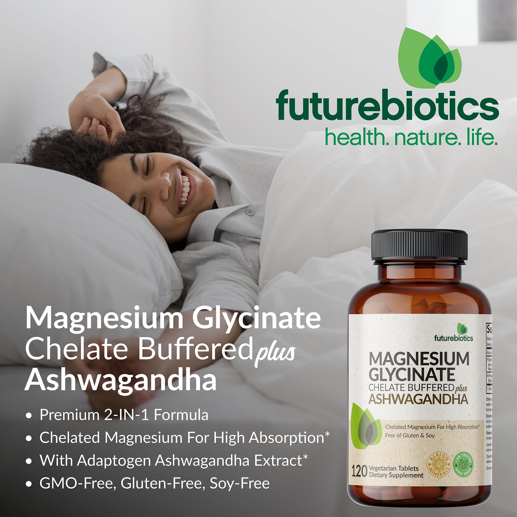 Futurebiotics botella abierta con tabletas en la mano para mostrar presentación y dosis