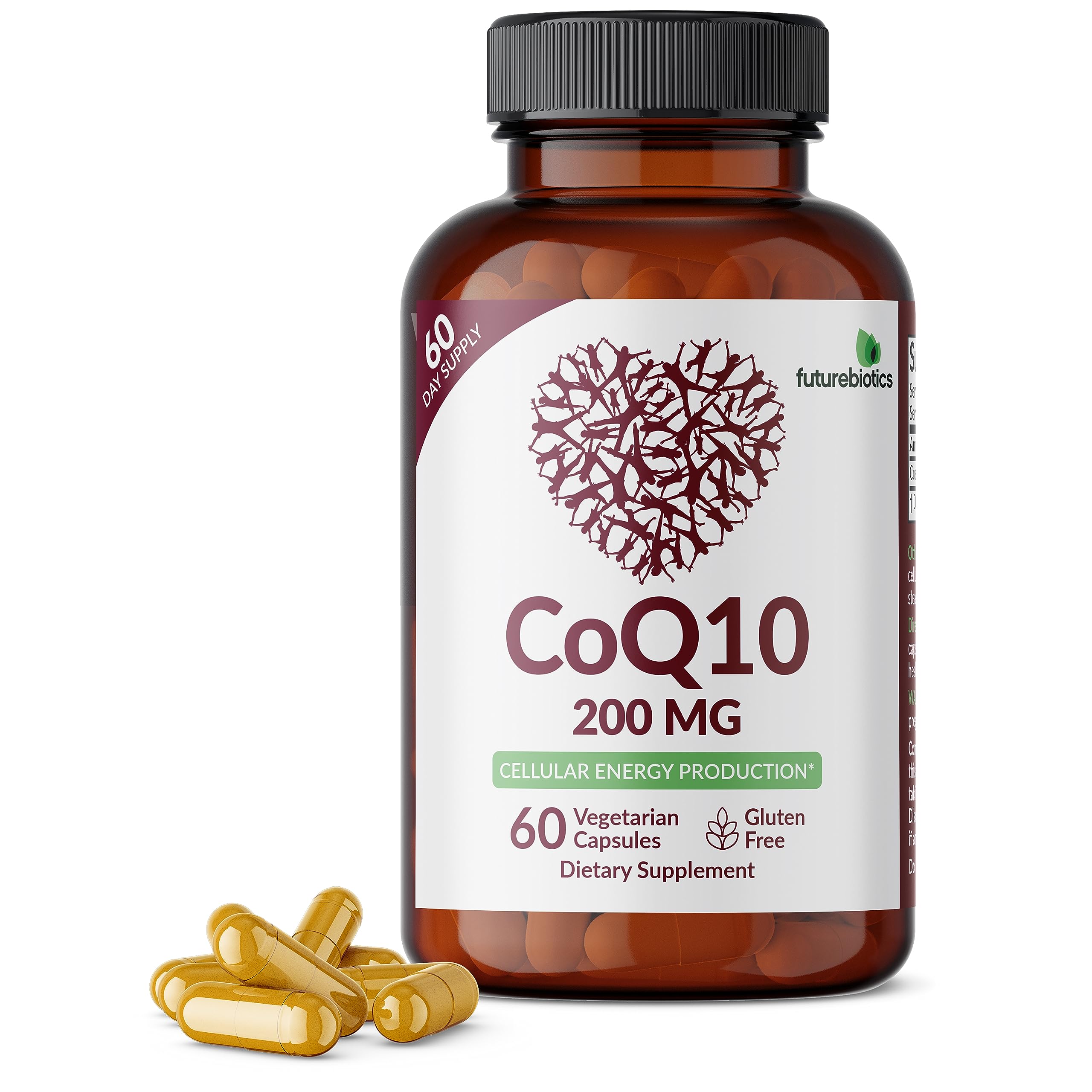 Futurebiotics frasco CoQ10 frontal mostrando etiqueta y contenido, beneficios de pureza