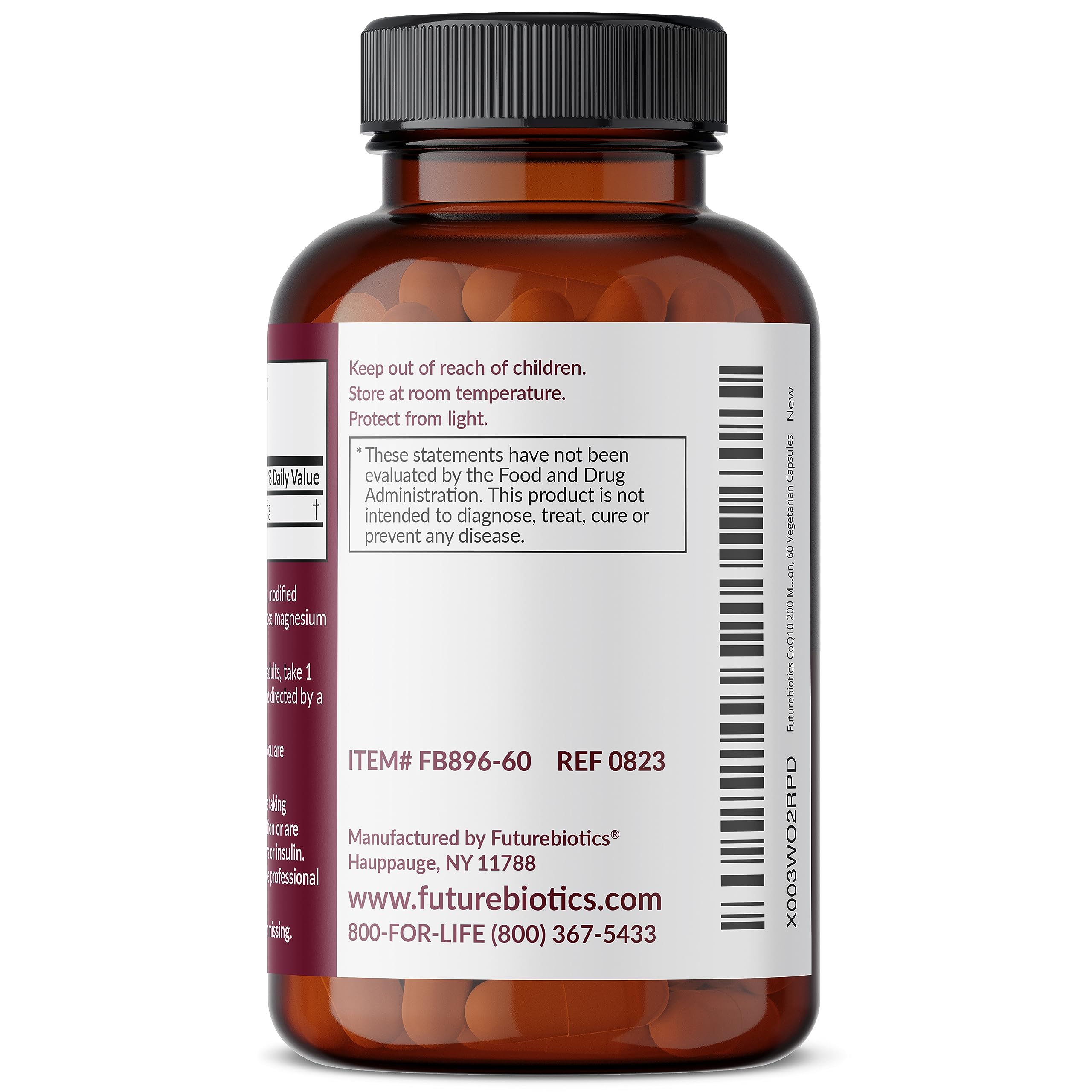 Futurebiotics frasco CoQ10 junto a objetos cotidianos para comparar tamaño del envase