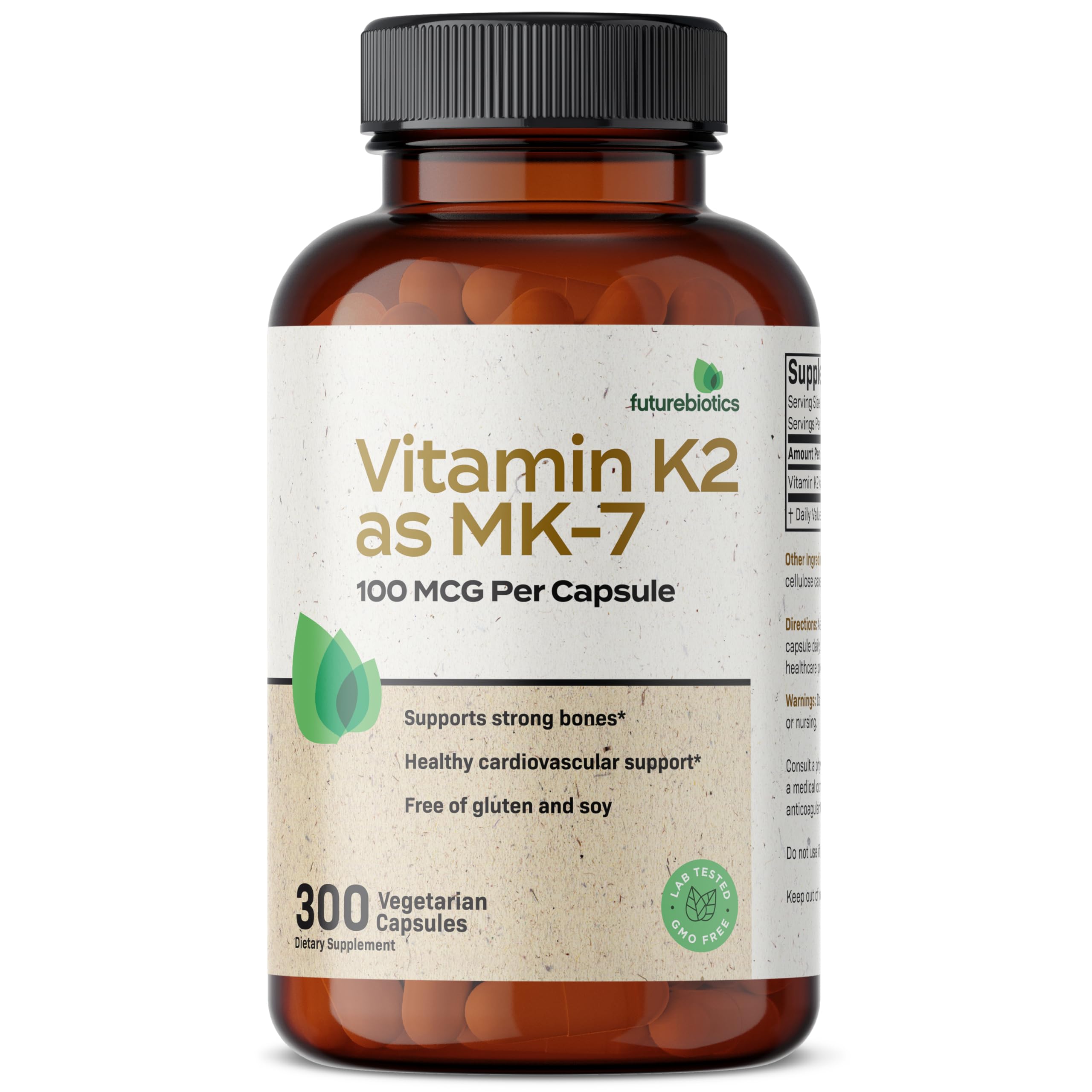 Futurebiotics detalle de etiqueta con MK-7 100 mcg y certificaciones de calidad