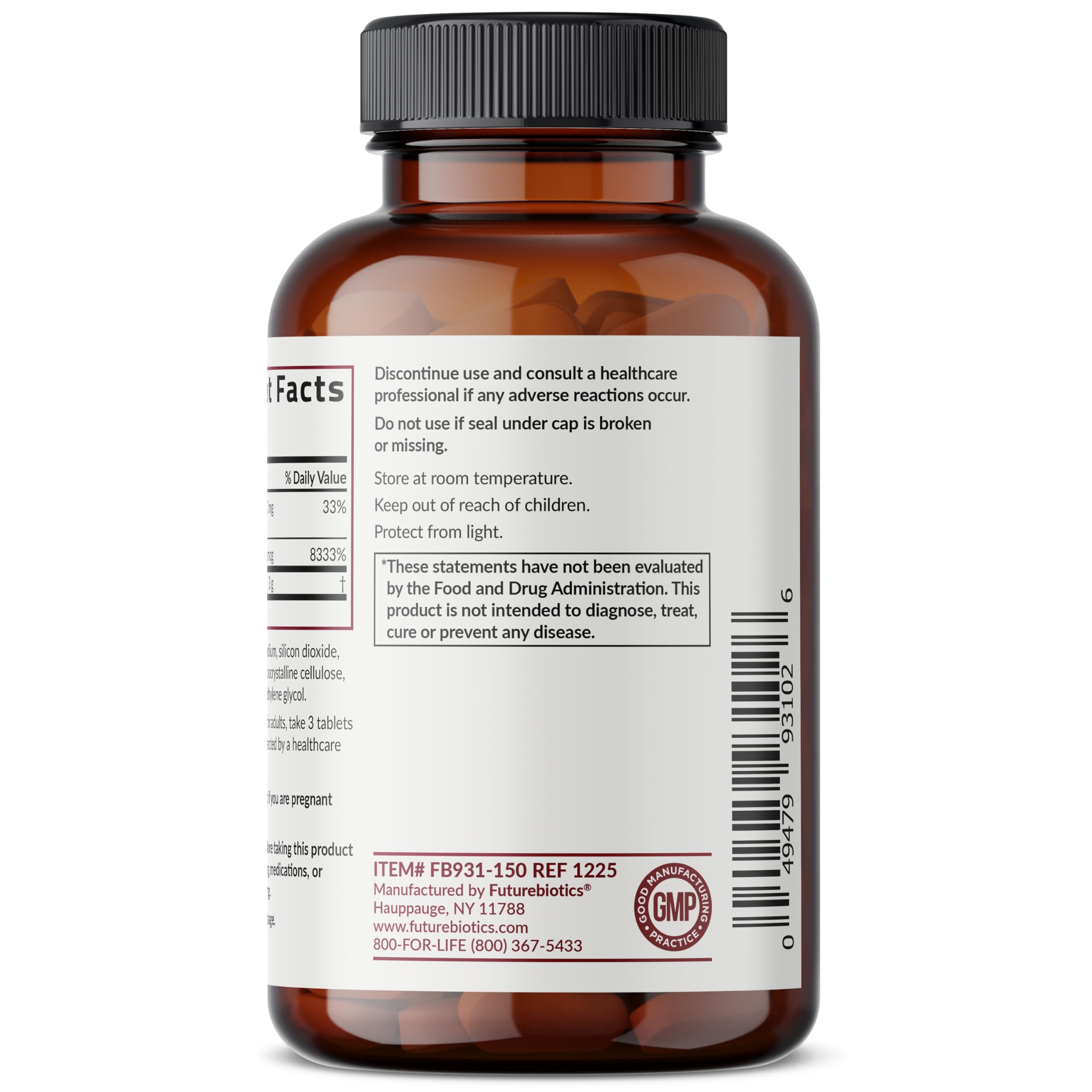 Futurebiotics primer plano de etiqueta con lista de ingredientes clave