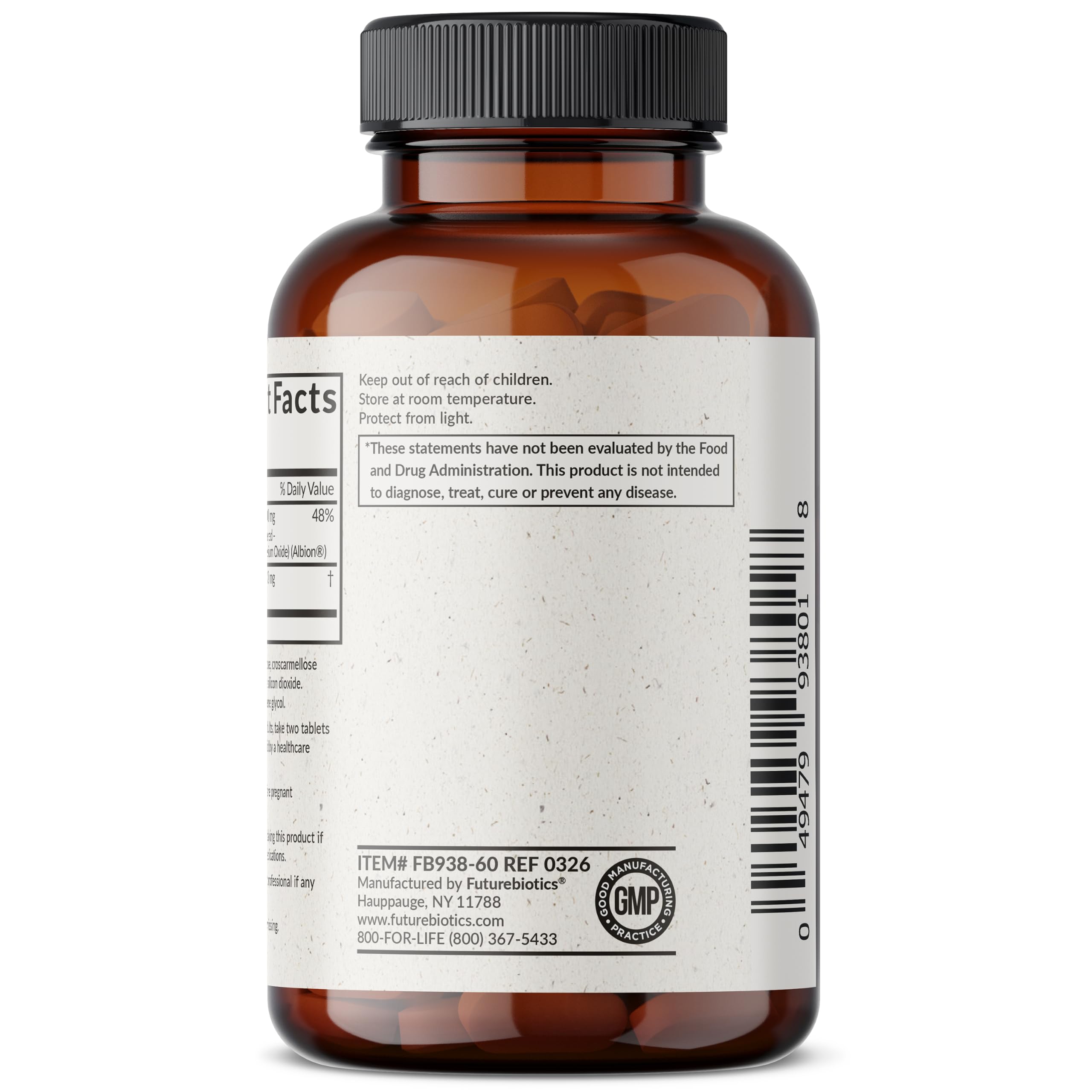 Futurebiotics etiqueta con lista de ingredientes y certificados para transparencia de calidad