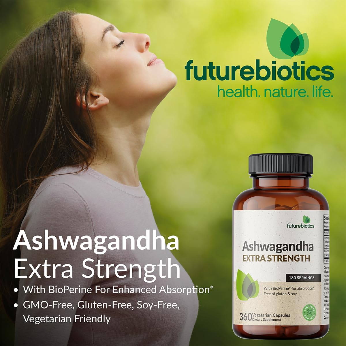 Futurebiotics etiqueta con ingredientes y garantía de calidad cGMP visible