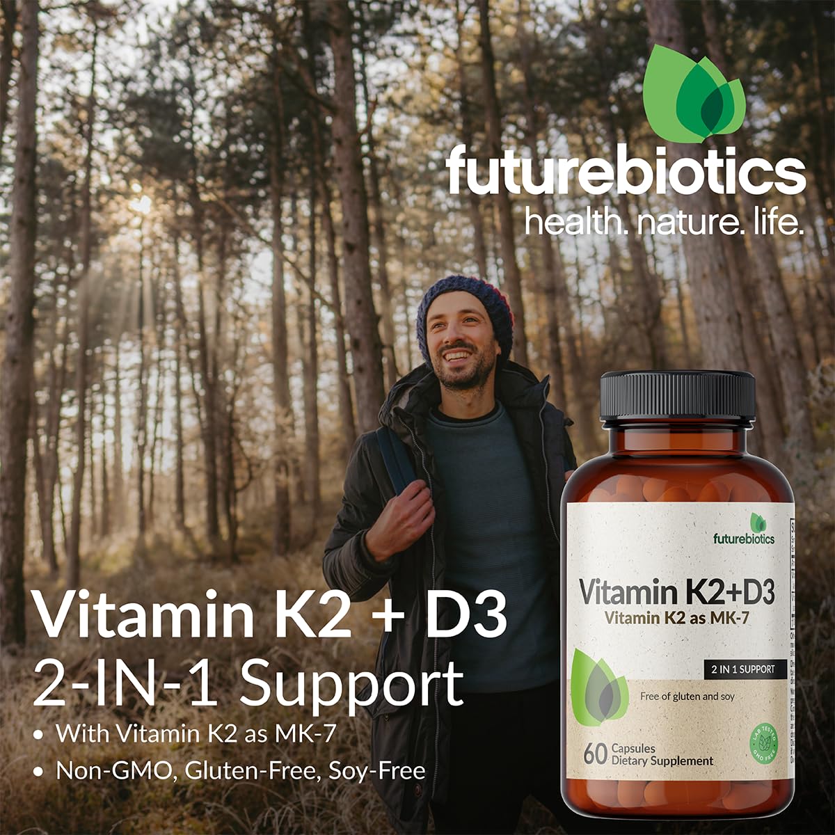 Futurebiotics etiqueta nutricional enfocada en dosis de D3 y K2 MK‑7