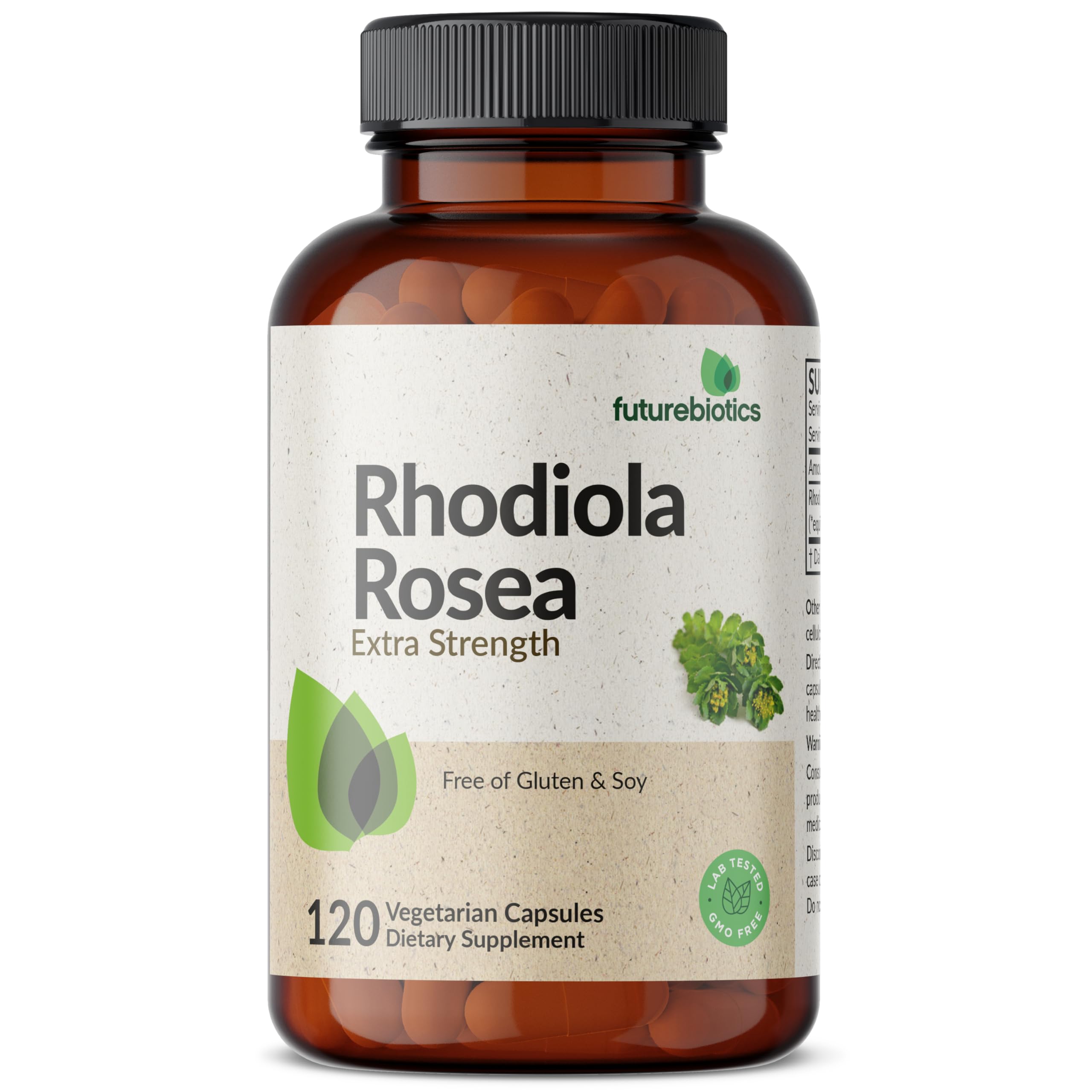 Futurebiotics frasco frontal de Rhodiola Rosea mostrando etiqueta clara y beneficios