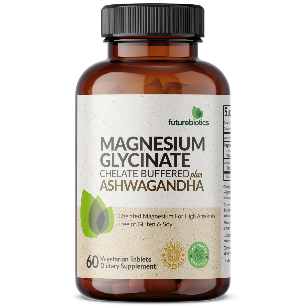 Futurebiotics vista frontal del envase que destaca la fórmula magnesio y ashwagandha