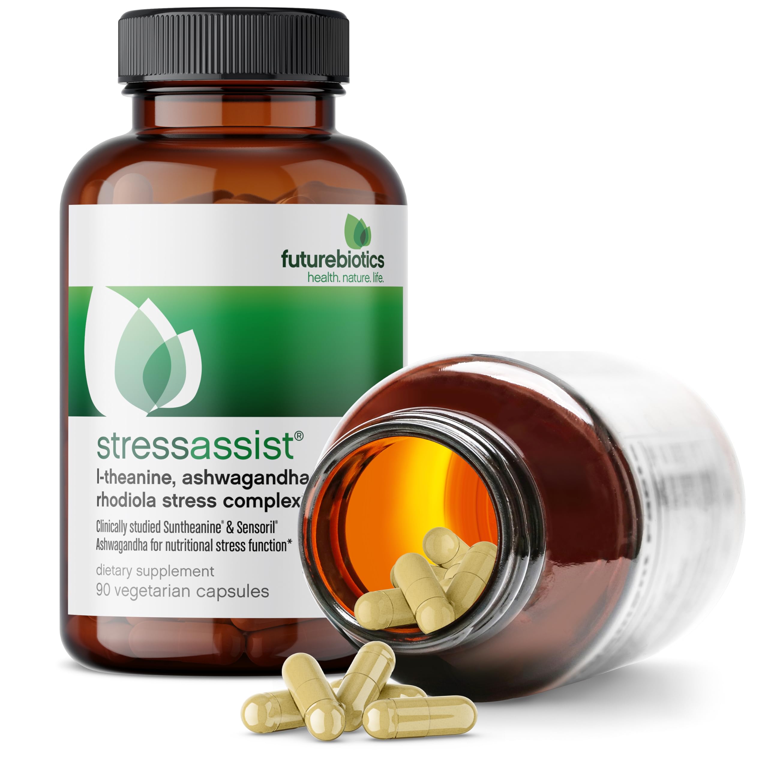 Futurebiotics StressAssist escena de oficina con suplemento para manejo del estrés