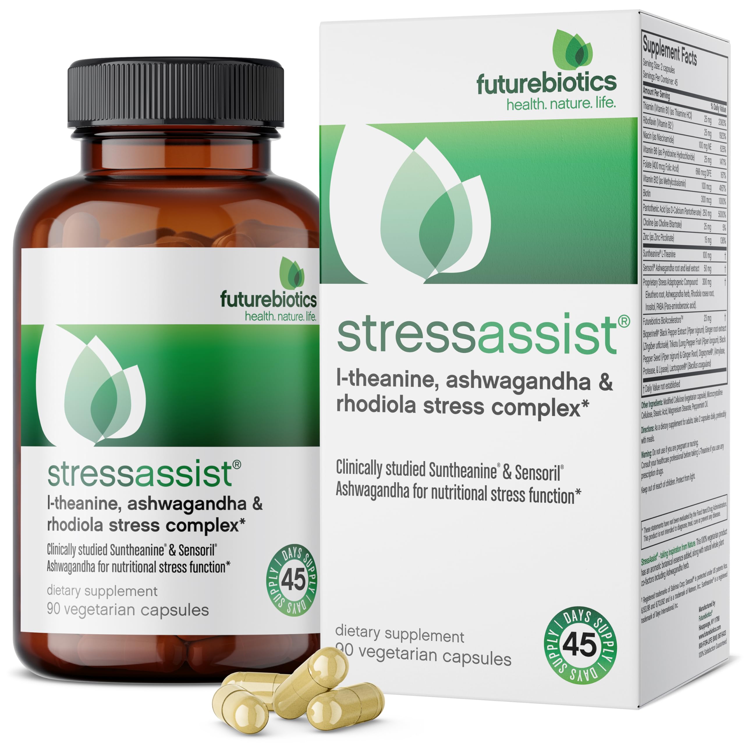 Futurebiotics StressAssist frasco frontal mostrando cápsulas y marca para confianza