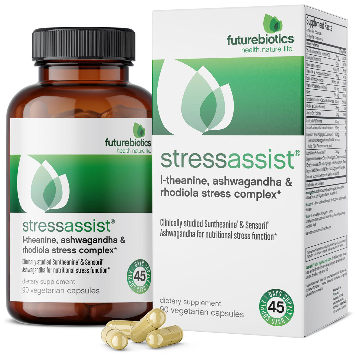 Futurebiotics StressAssist frasco frontal mostrando cápsulas y marca para confianza