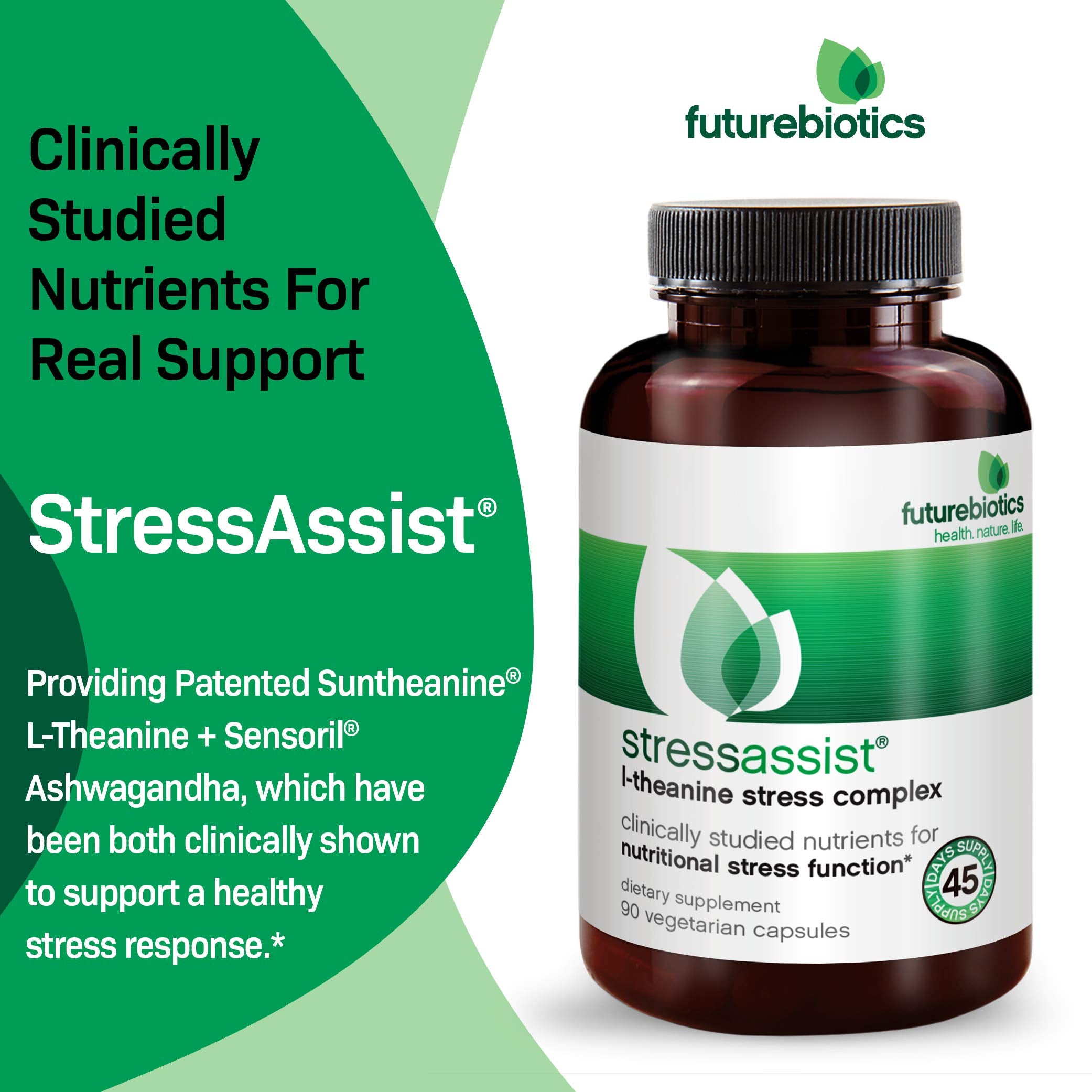 Futurebiotics StressAssist comparación de tamaño de cápsulas para dosificación visual