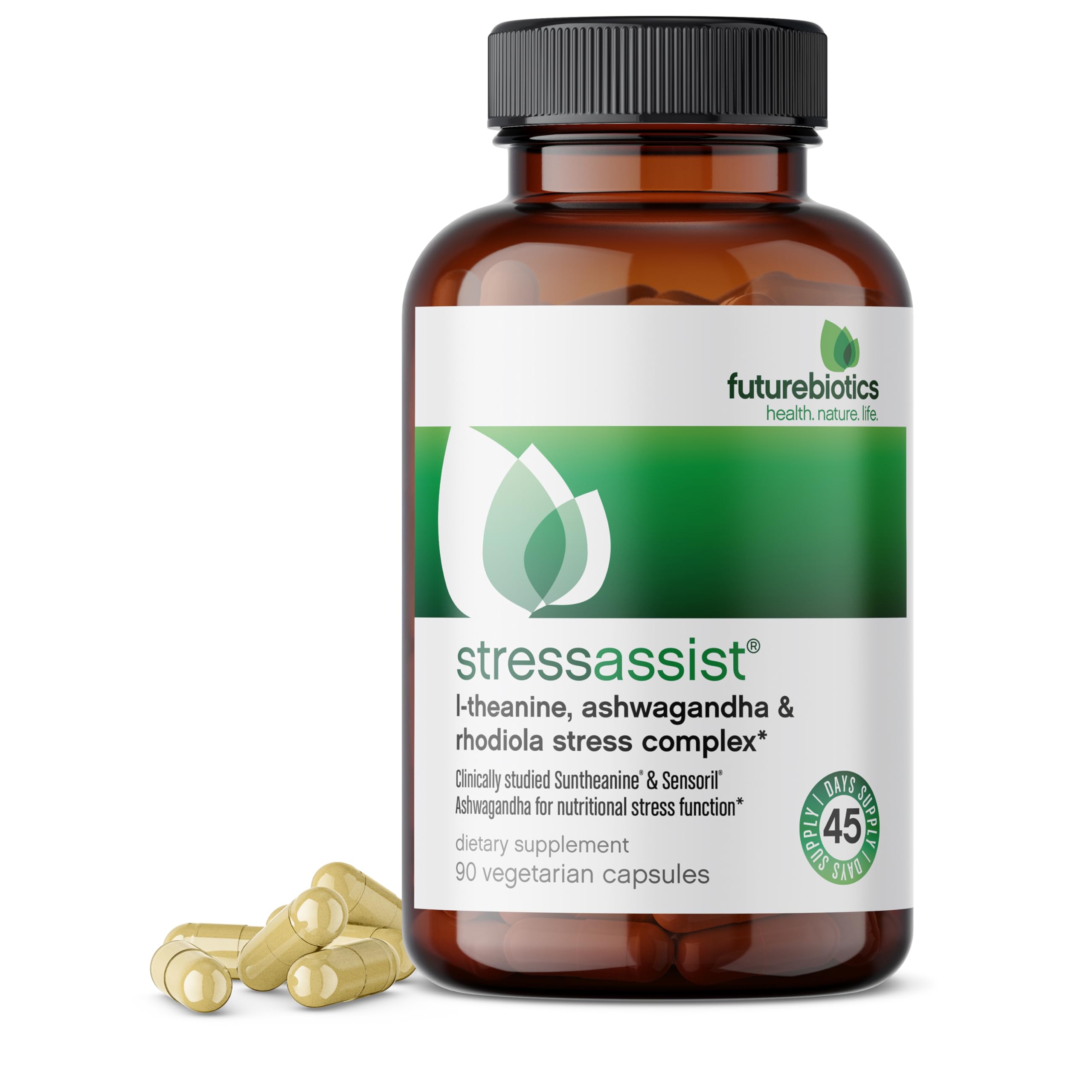 Futurebiotics StressAssist persona sosteniendo cápsula para uso práctico diario
