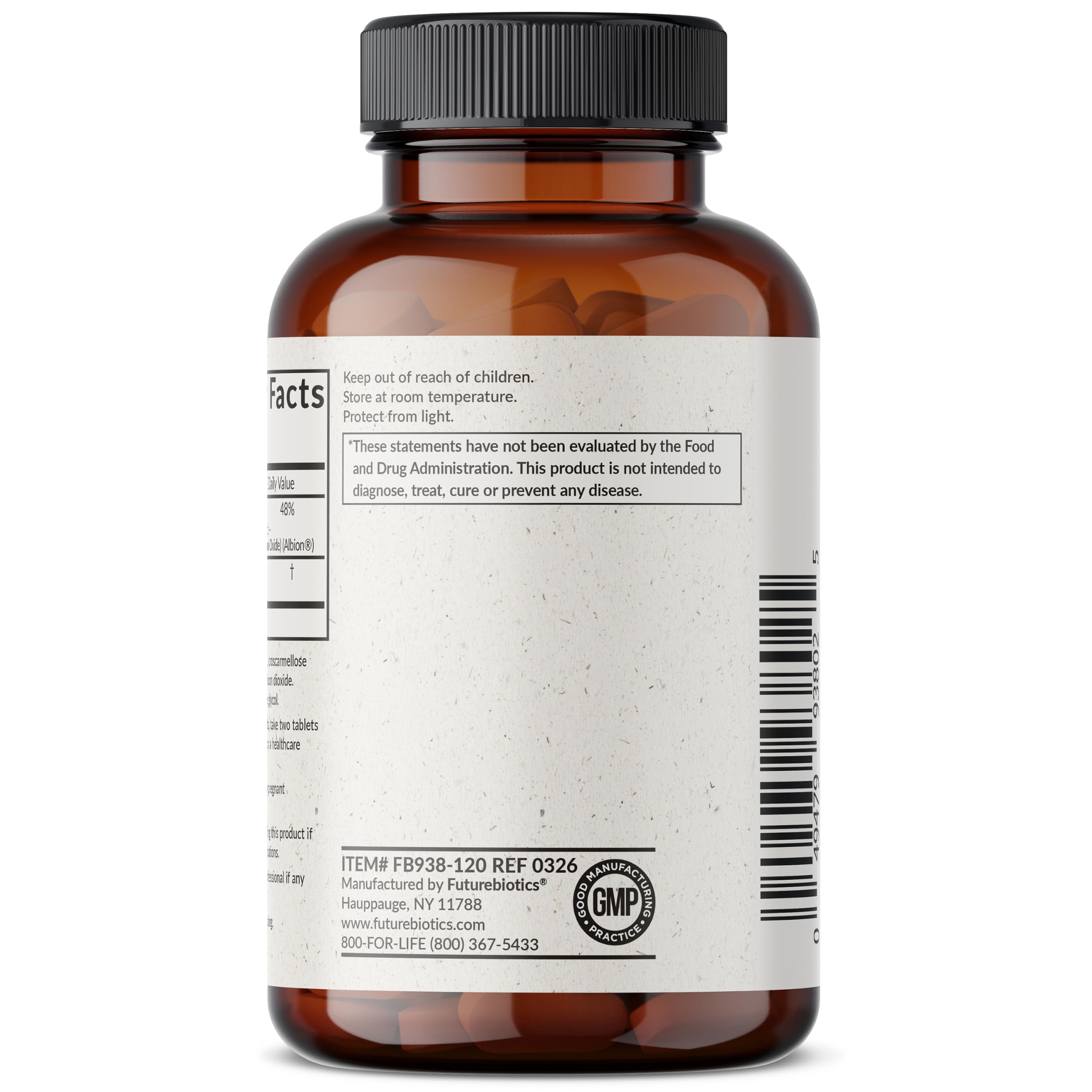 Futurebiotics bote abierto con tabletas visibles, aspecto de la cantidad de 120