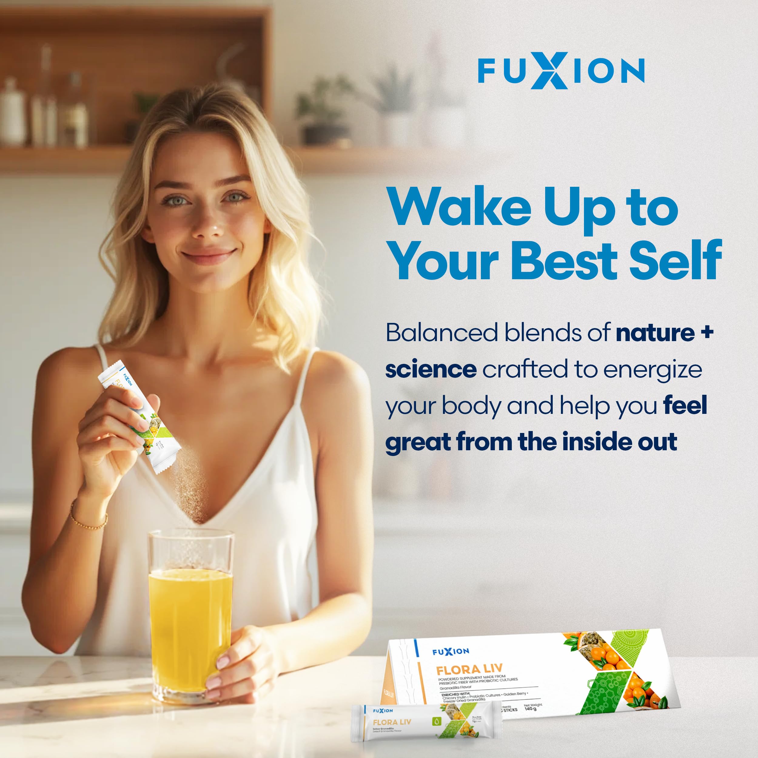 Detalle de la etiqueta FuXion Flora Liv con ingredientes y prebiótico inulina visibles