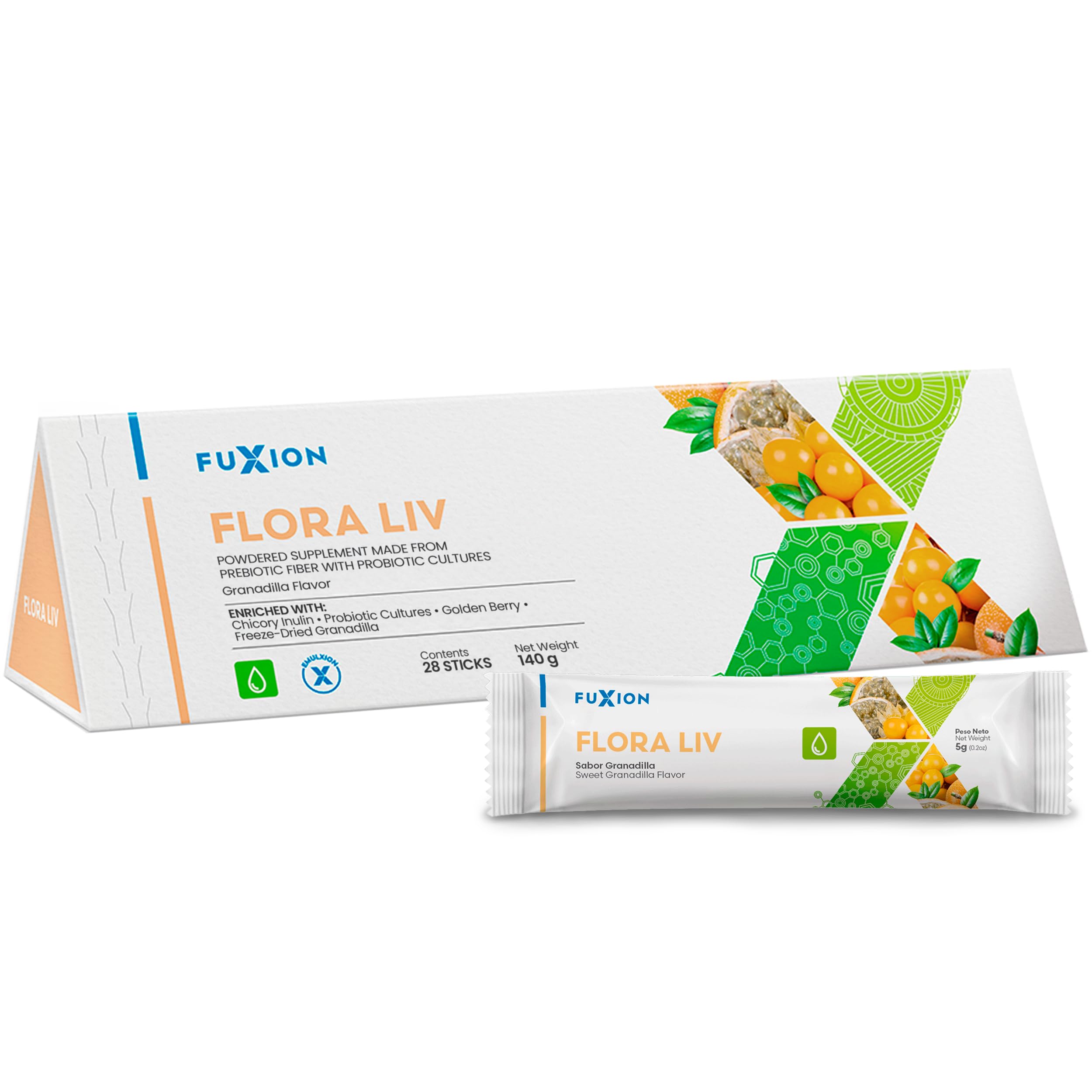 FuXion Flora Liv frente del empaque mostrando sobres y beneficio de conveniencia