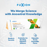 Vaso con bebida FuXion Flora Liv sabor granadilla listo para beber, refrescante y sabroso