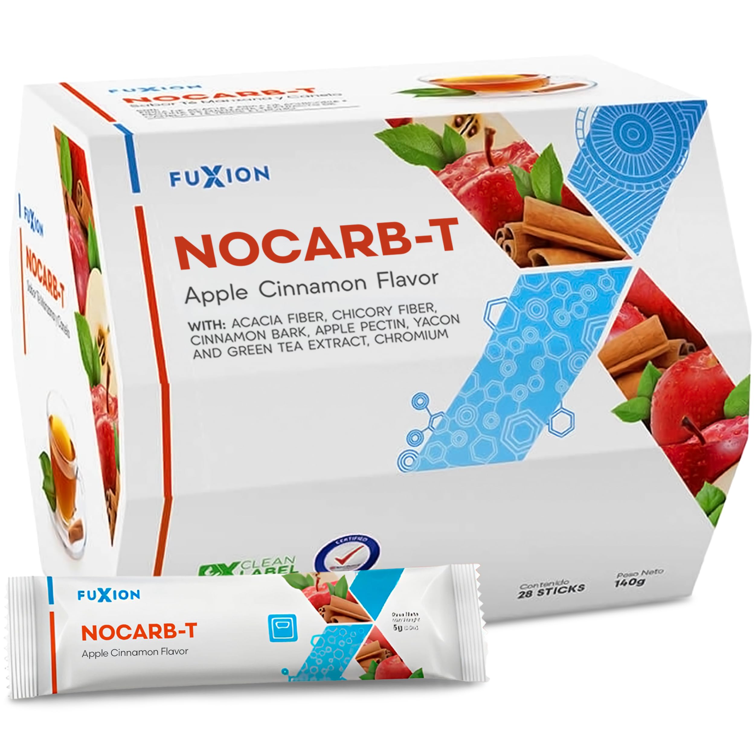 FuXion NoCarb-T frente del empaque mostrando 28 sobres y beneficios