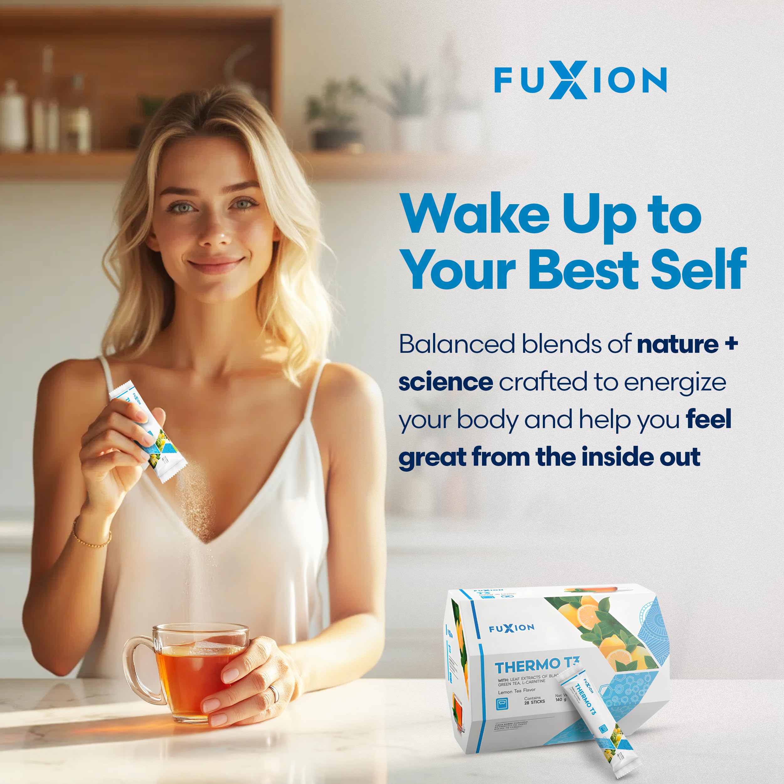 FuXion Thermo T3 preparado en taza con vapor y sabor limón agradable