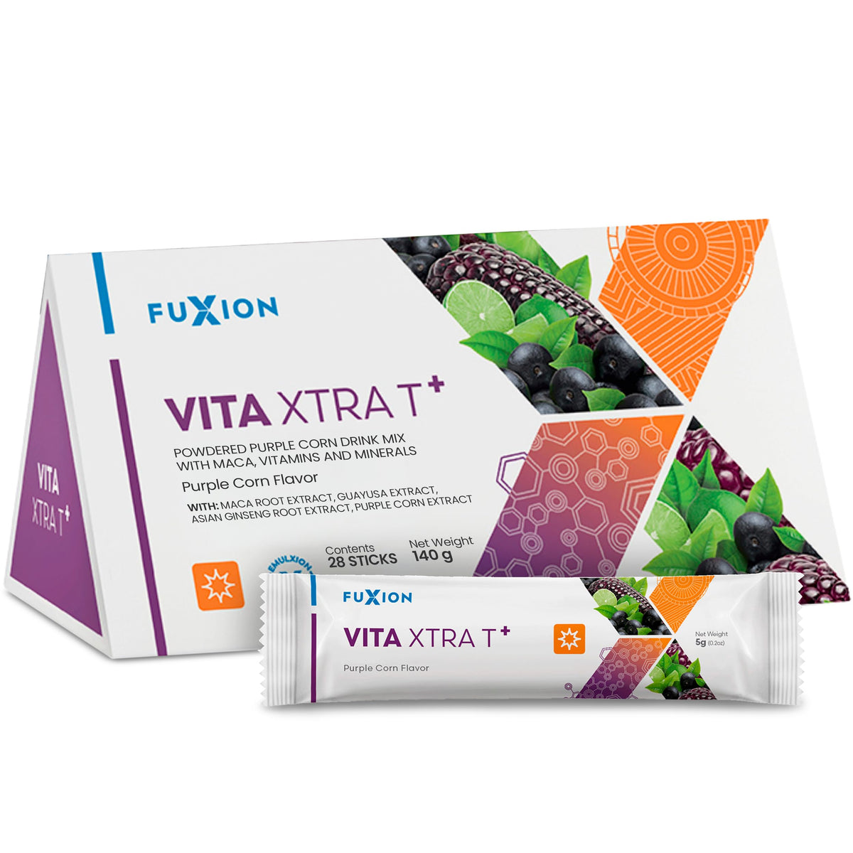 FuXion empaque frontal de Vita Xtra T+ mostrando presentación y beneficios