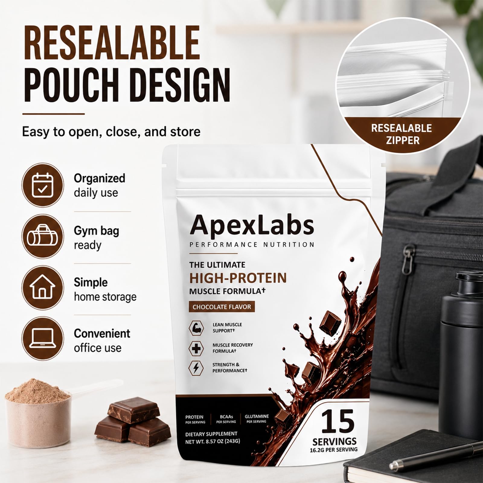 Envase de Fuxvao Apex Labs en mano para mostrar escala y tamaño real