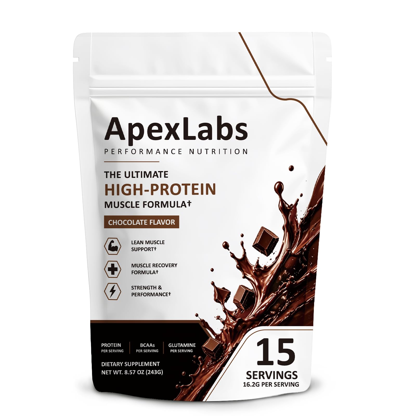 Envase Fuxvao Apex Labs Muscle Powder Chocolate mostrando diseño y facilidad de uso