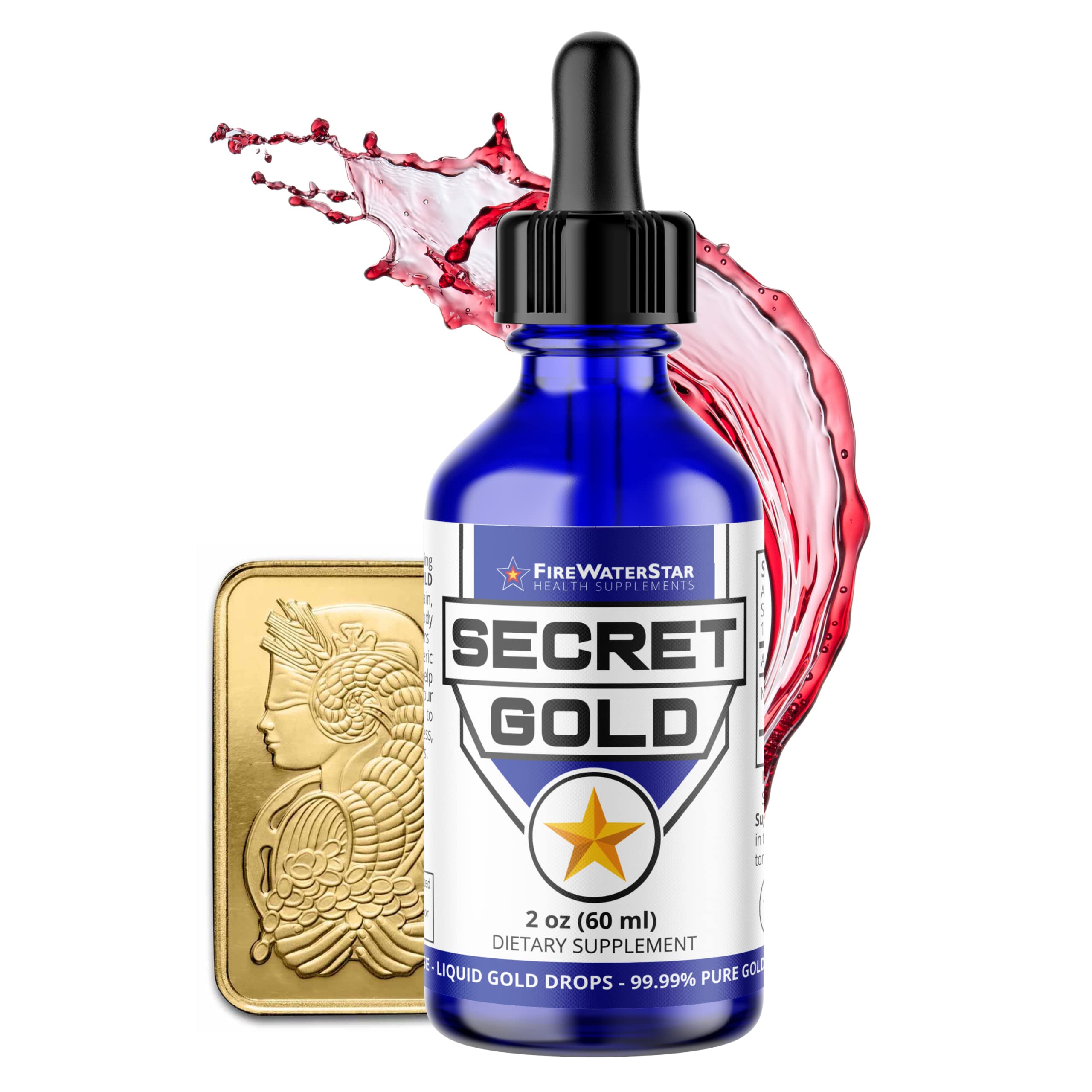 FIREWATERSTAR botella frontal mostrando oro coloidal y envase de vidrio beneficios visuales