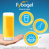 Fybogel comparación de tamaño del sobre junto a una mano
