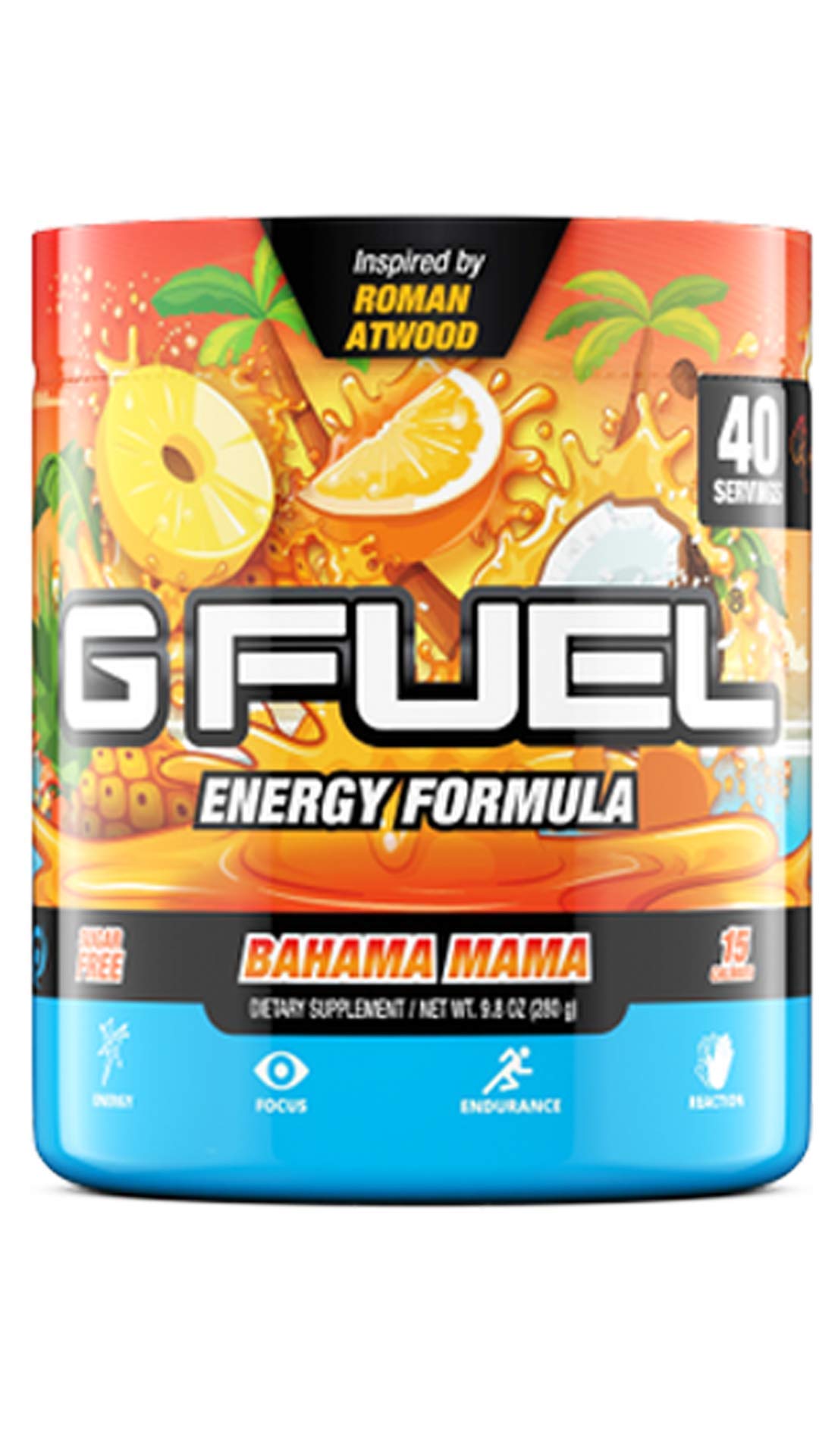 G Fuel frasco frontal con etiqueta tropical mostrando el producto y beneficios