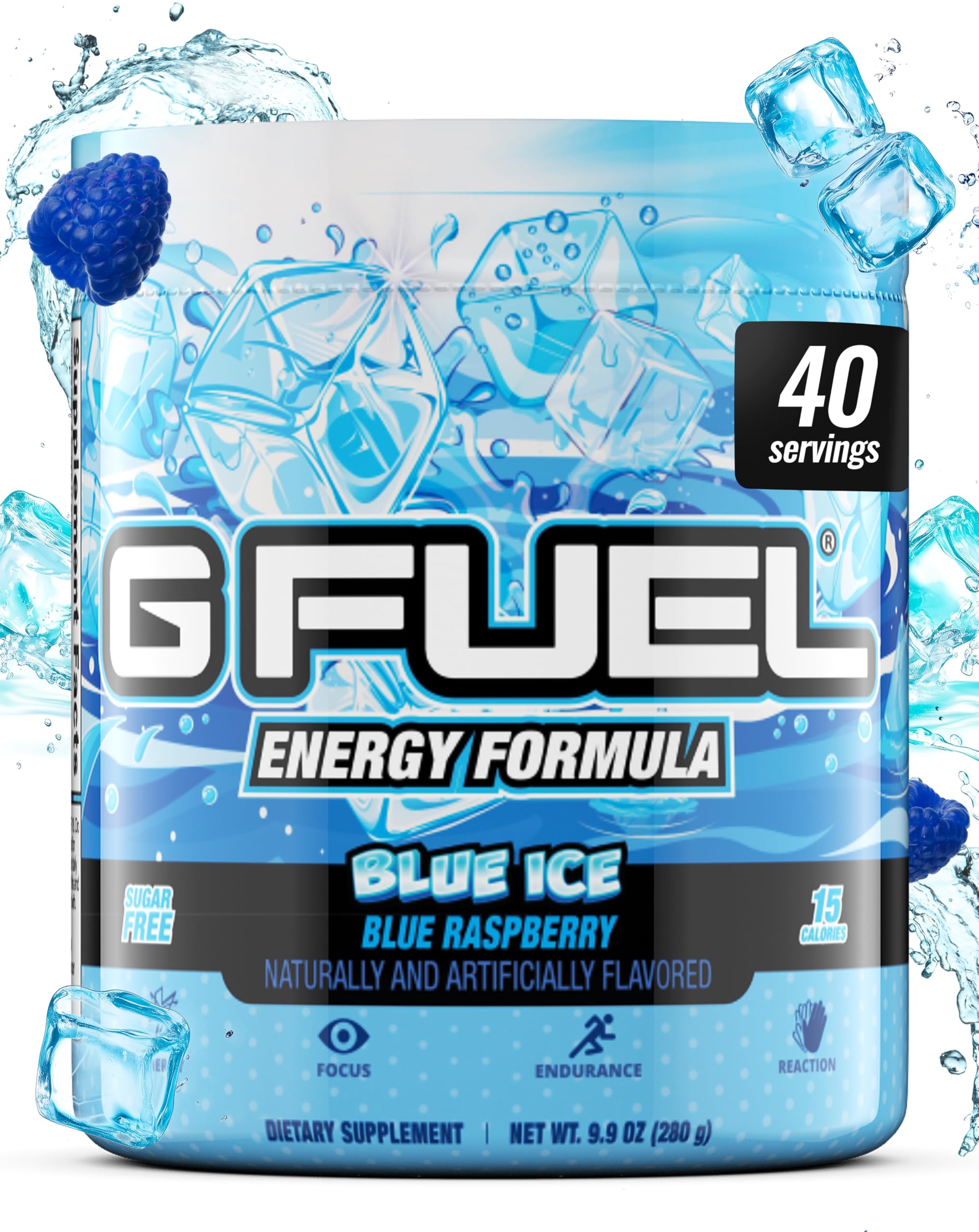 G Fuel envase frontal mostrando marca y sabor blue ice, beneficio energía limpia