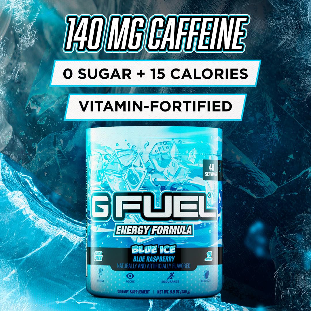 G Fuel polvo azul textura cercana, beneficio mezcla instantánea y sin grumos
