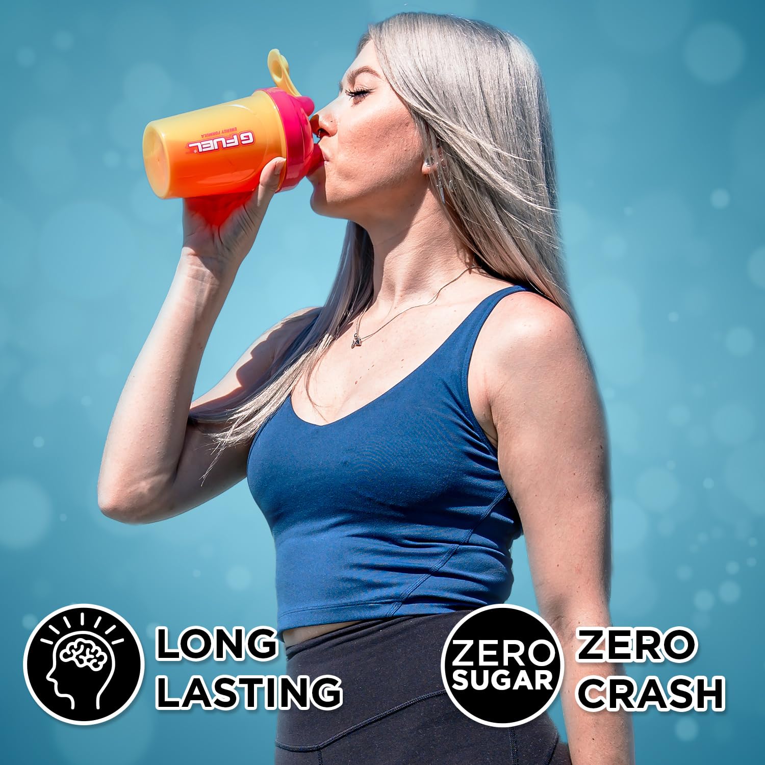 Etiqueta nutricional de G Fuel Chug Rug destacando cafeína y ausencia de azúcar