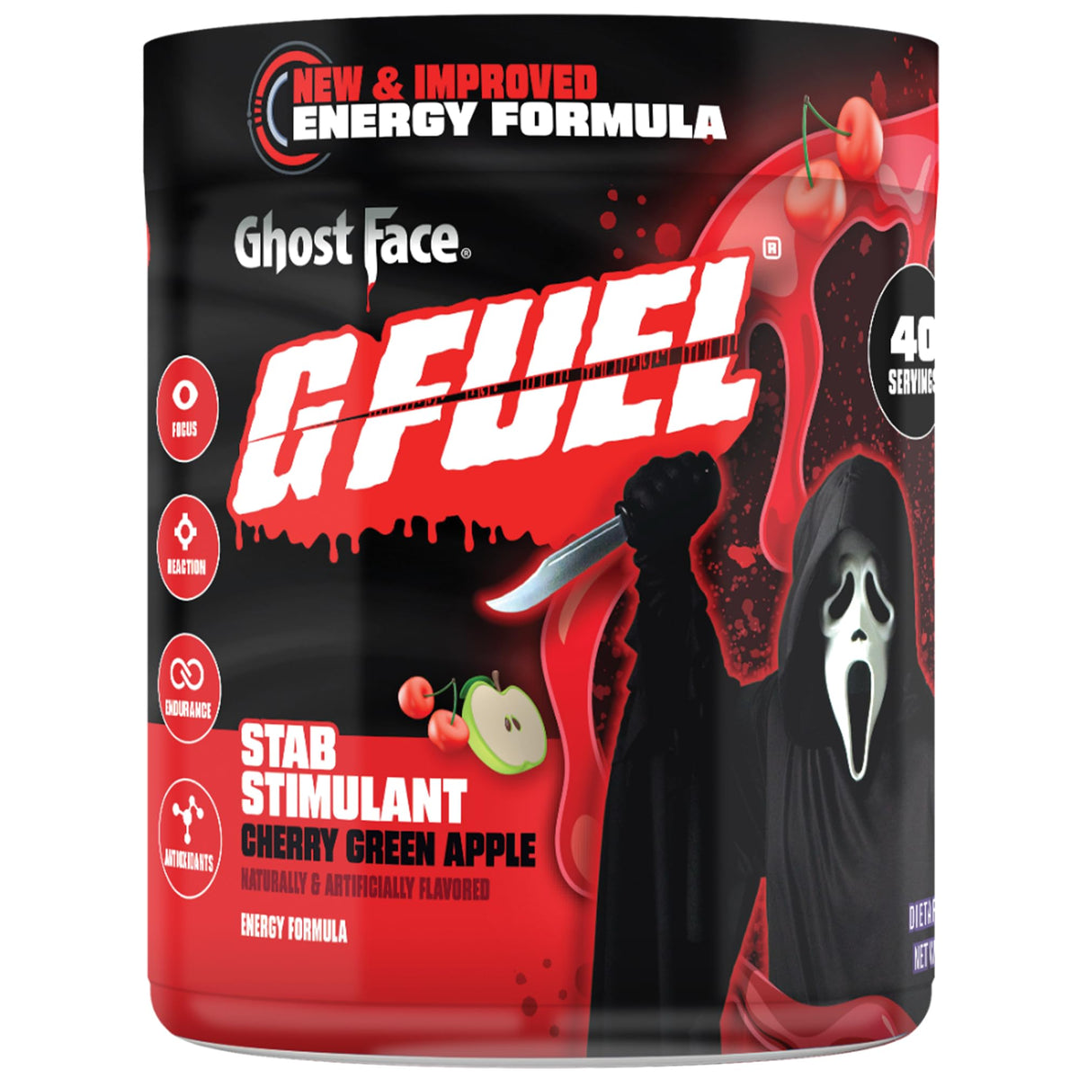 G Fuel envase frontal Ghost Face 2.0 que muestra diseño y tamaño práctico