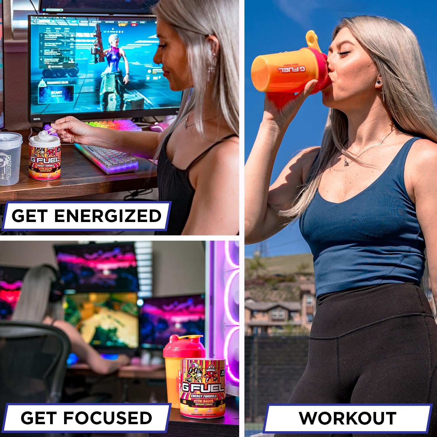 Mano vertiendo G Fuel Chug Rug al shaker demostrando su preparación sencilla