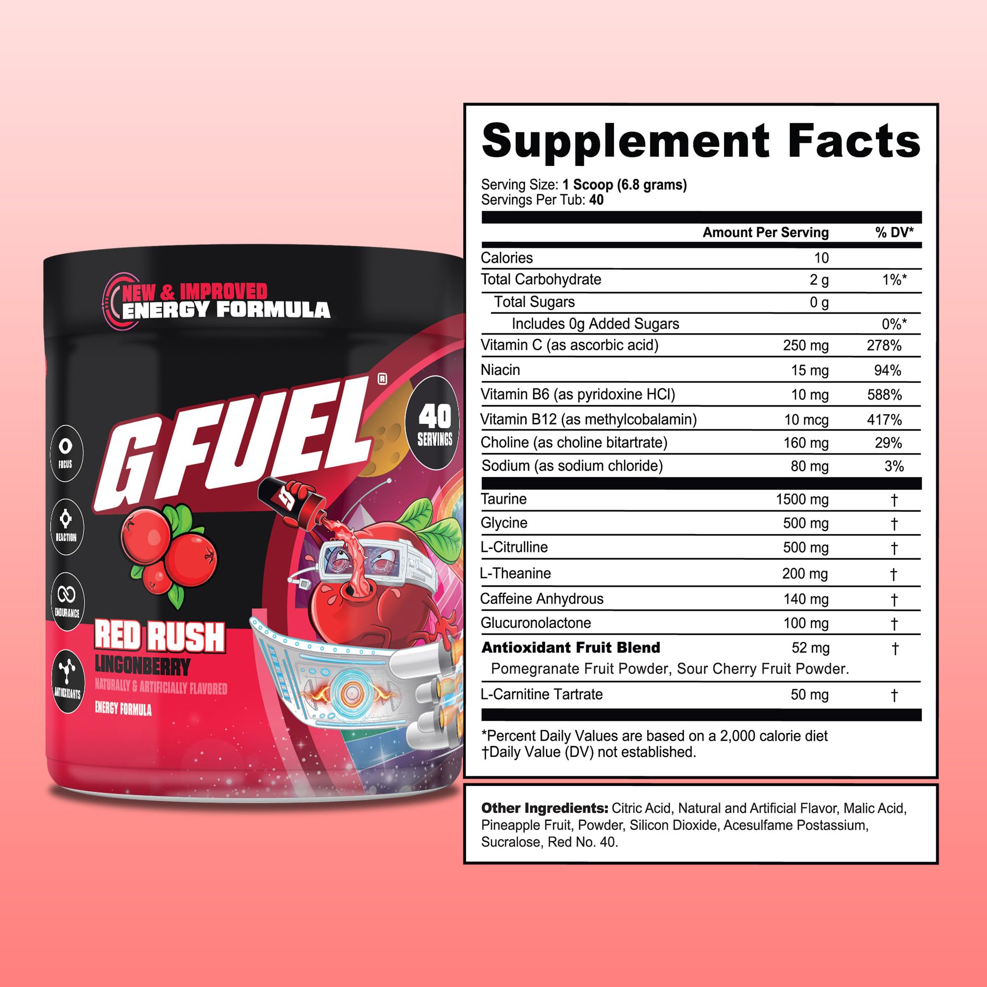 Detalle de la etiqueta G Fuel Red Rush con información de cafeína y vitaminas para decisión informada