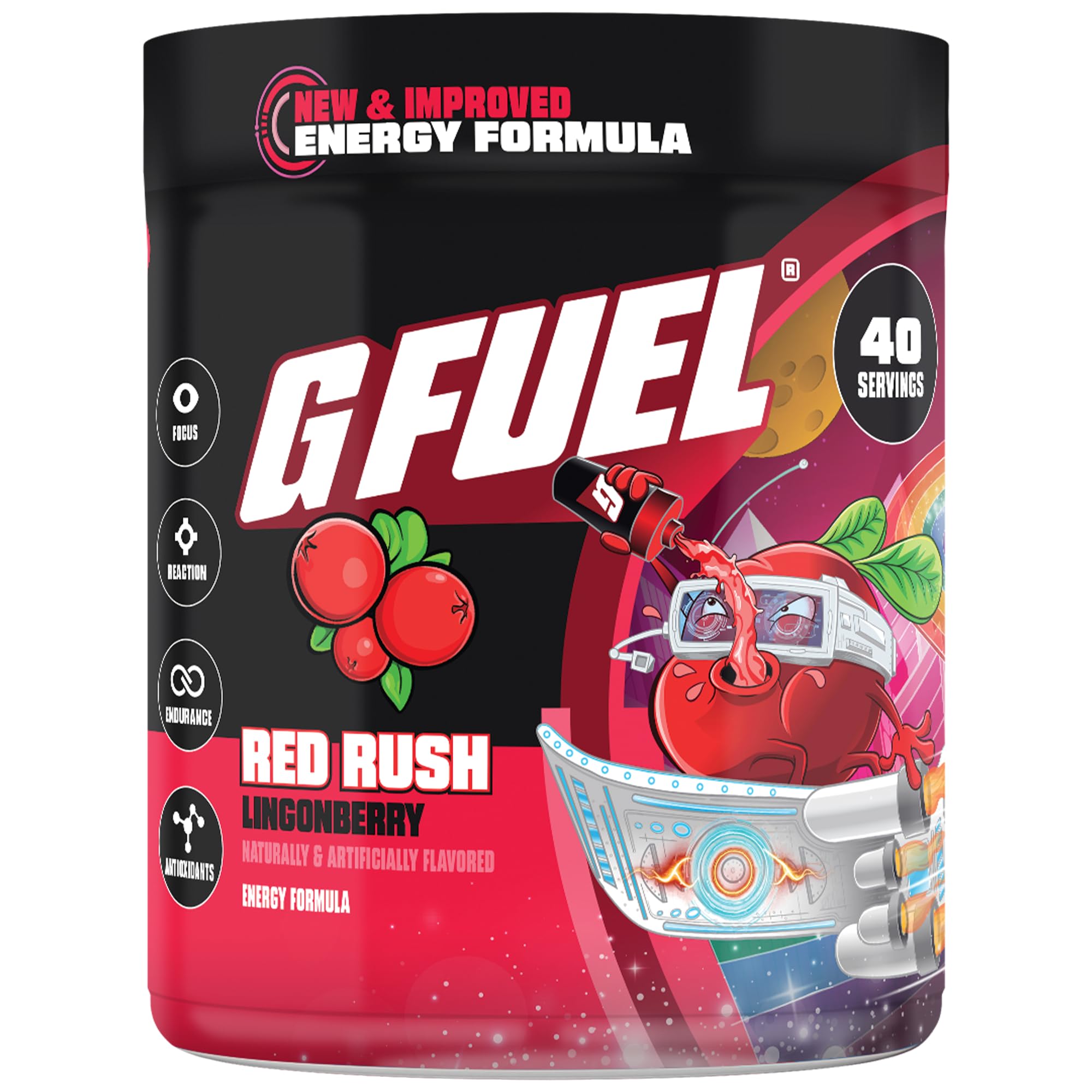 G Fuel Red Rush frontal del envase mostrando 40 raciones y beneficio de energía sin azúcar
