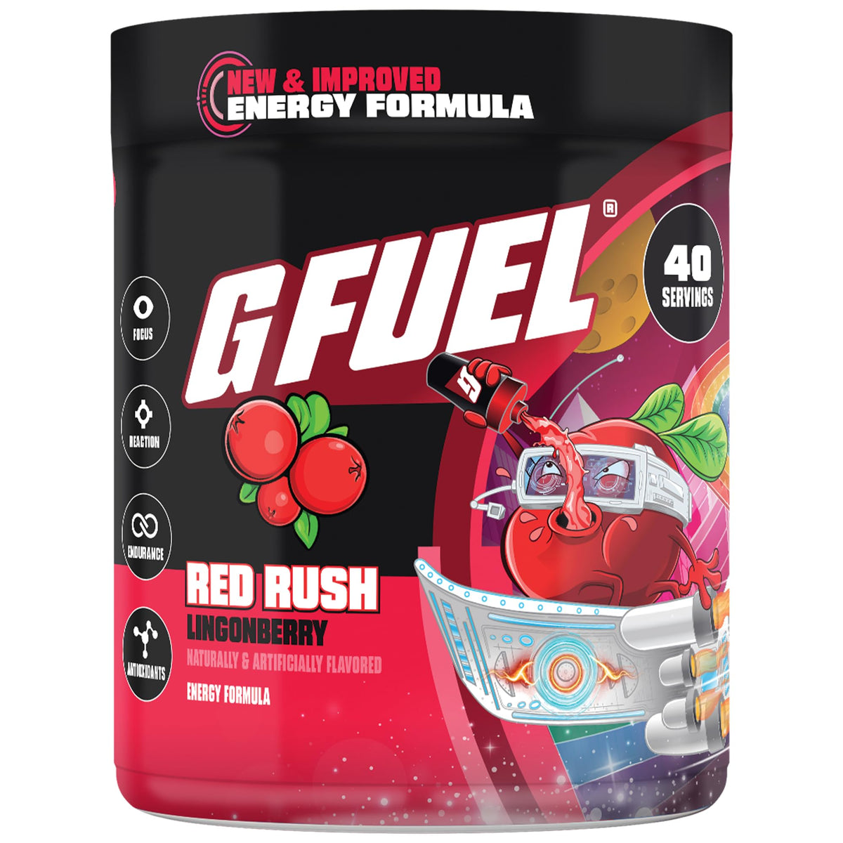 G Fuel Red Rush frontal del envase mostrando 40 raciones y beneficio de energía sin azúcar