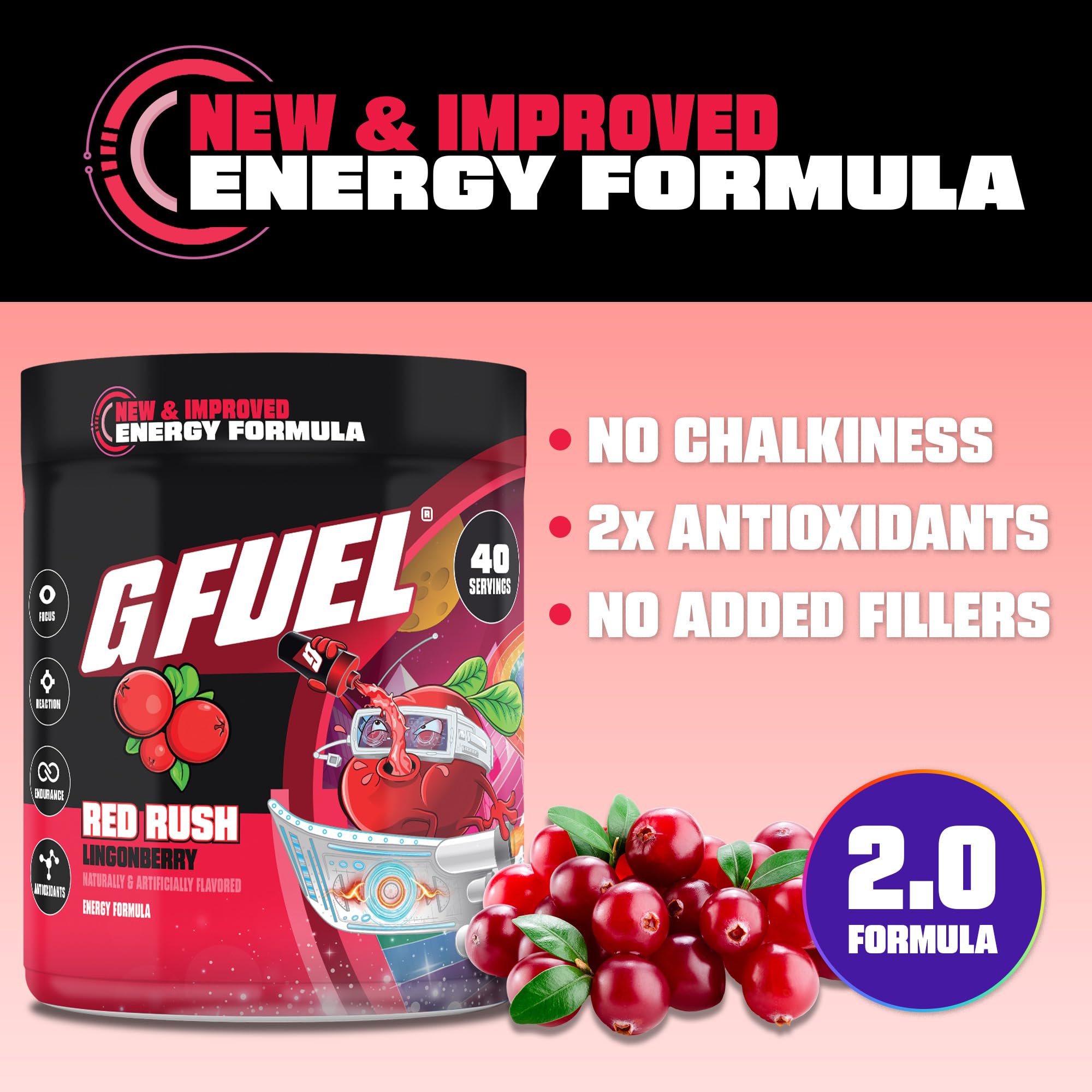 G Fuel Red Rush en vaso con líquido rojo intenso mostrando fácil disolución y sabor lingonberry