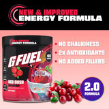 G Fuel Red Rush en vaso con líquido rojo intenso mostrando fácil disolución y sabor lingonberry