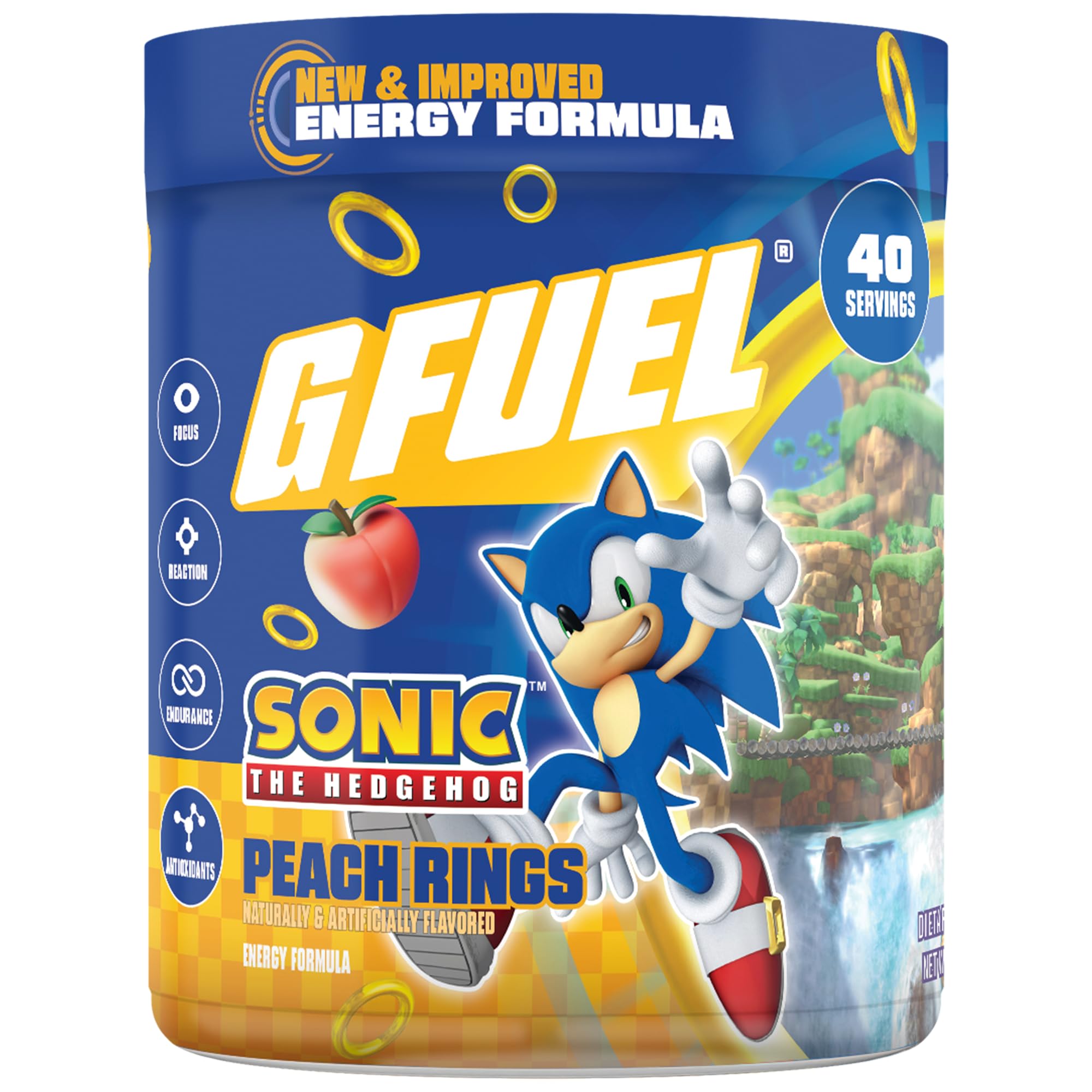 G Fuel frasco frontal mostrando diseño inspirado en Sonic y sabor durazno