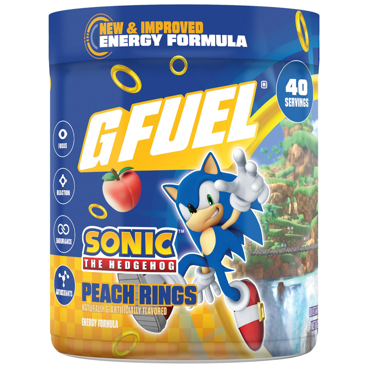 G Fuel frasco frontal mostrando diseño inspirado en Sonic y sabor durazno