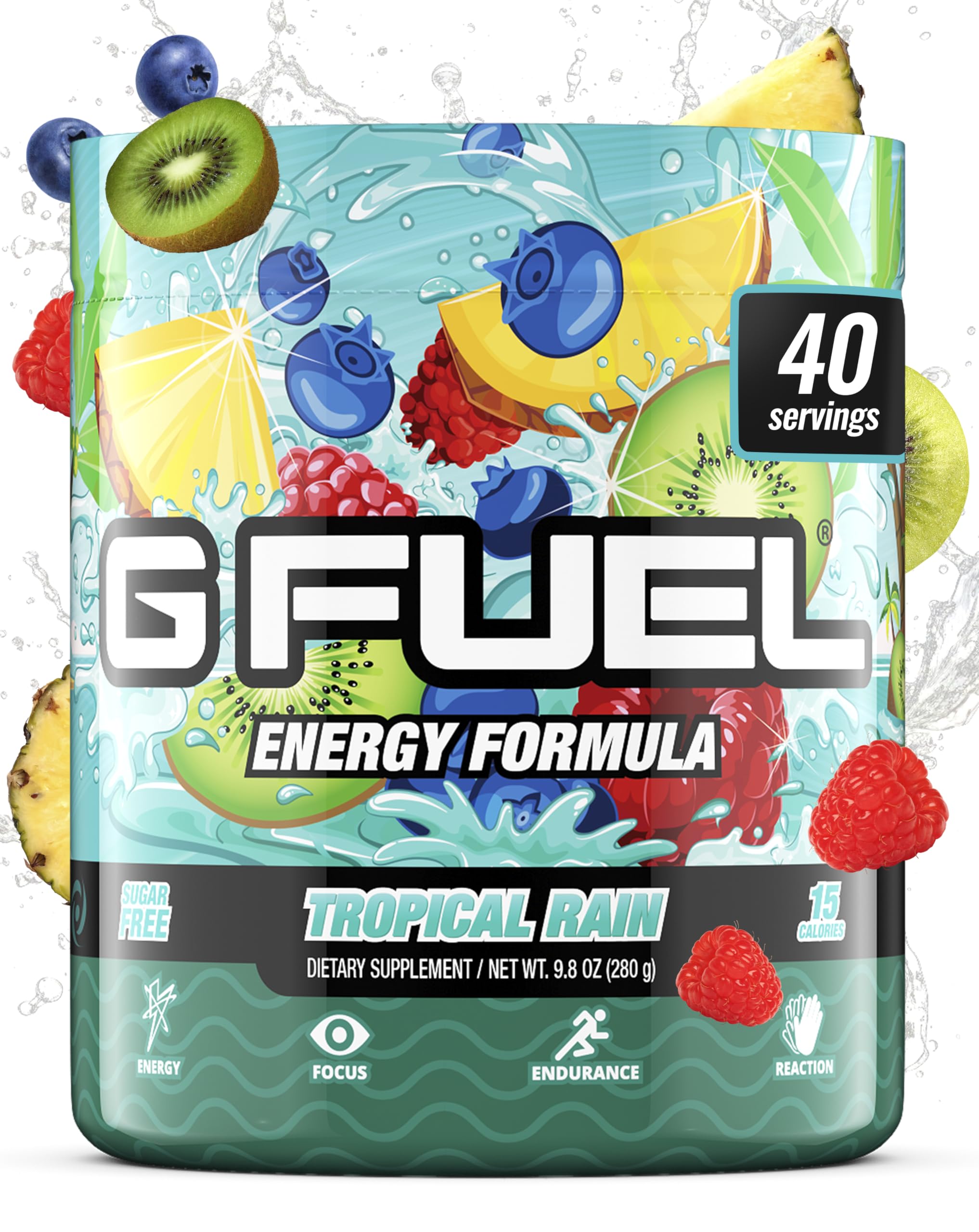 G Fuel frontal del envase mostrando marca y sabor Tropical Rain