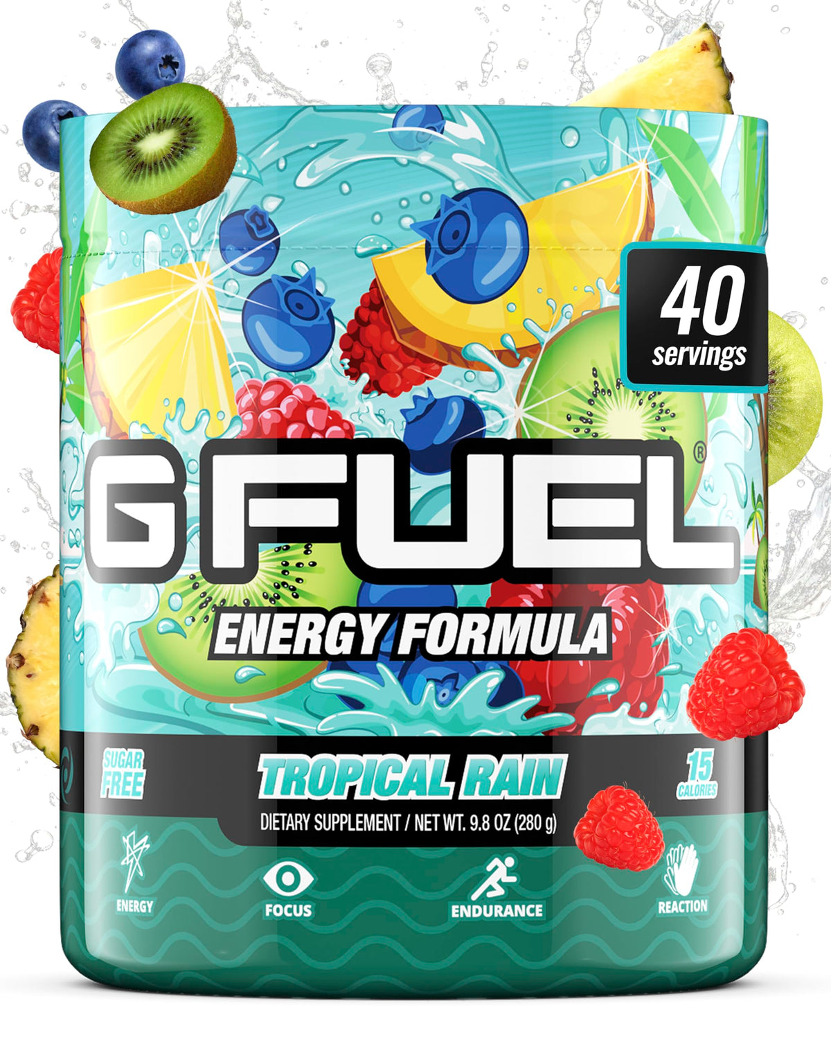 G Fuel frontal del envase mostrando marca y sabor Tropical Rain