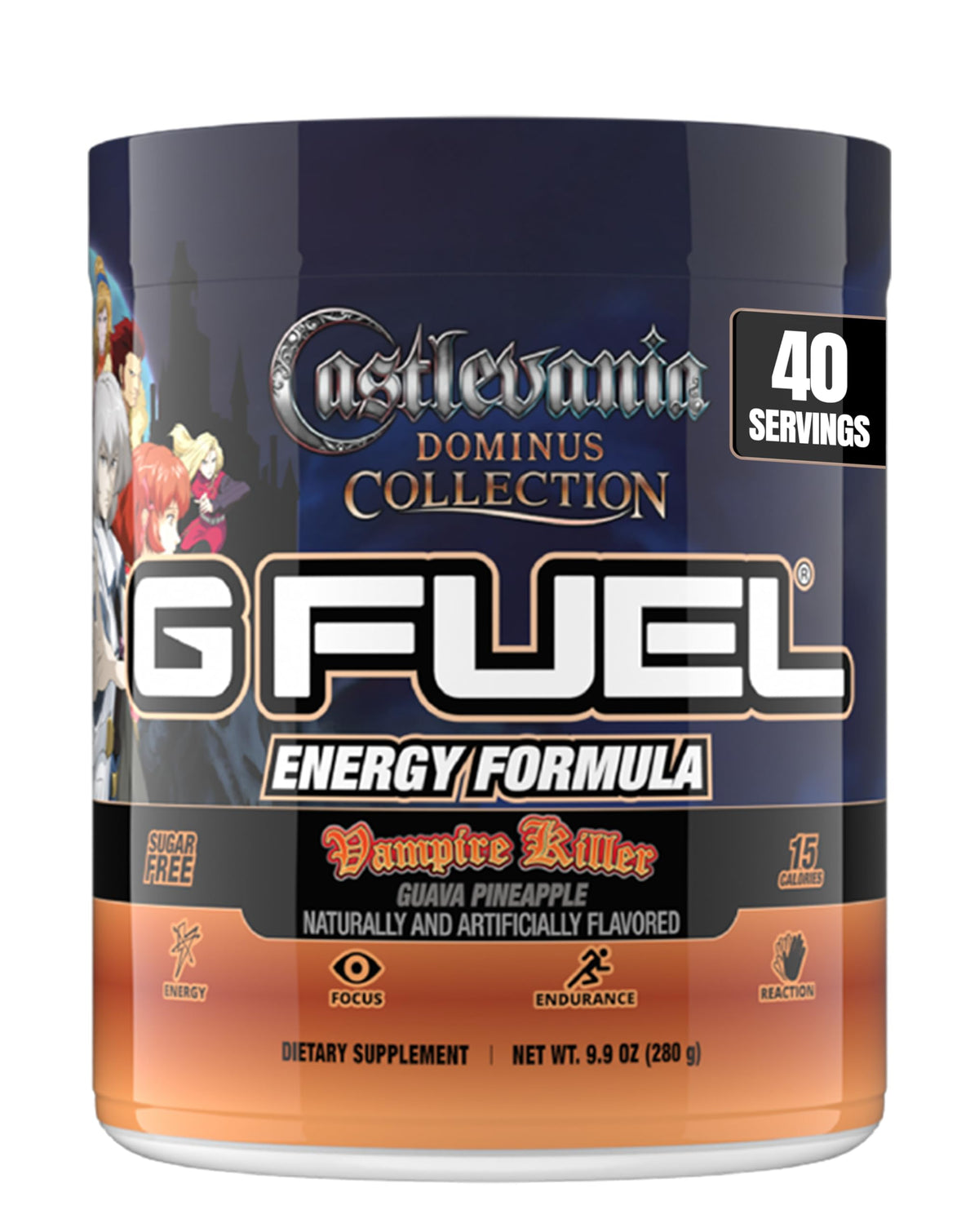 G Fuel bote Vampire Killer frente, muestra sabor tropical y energía sostenida