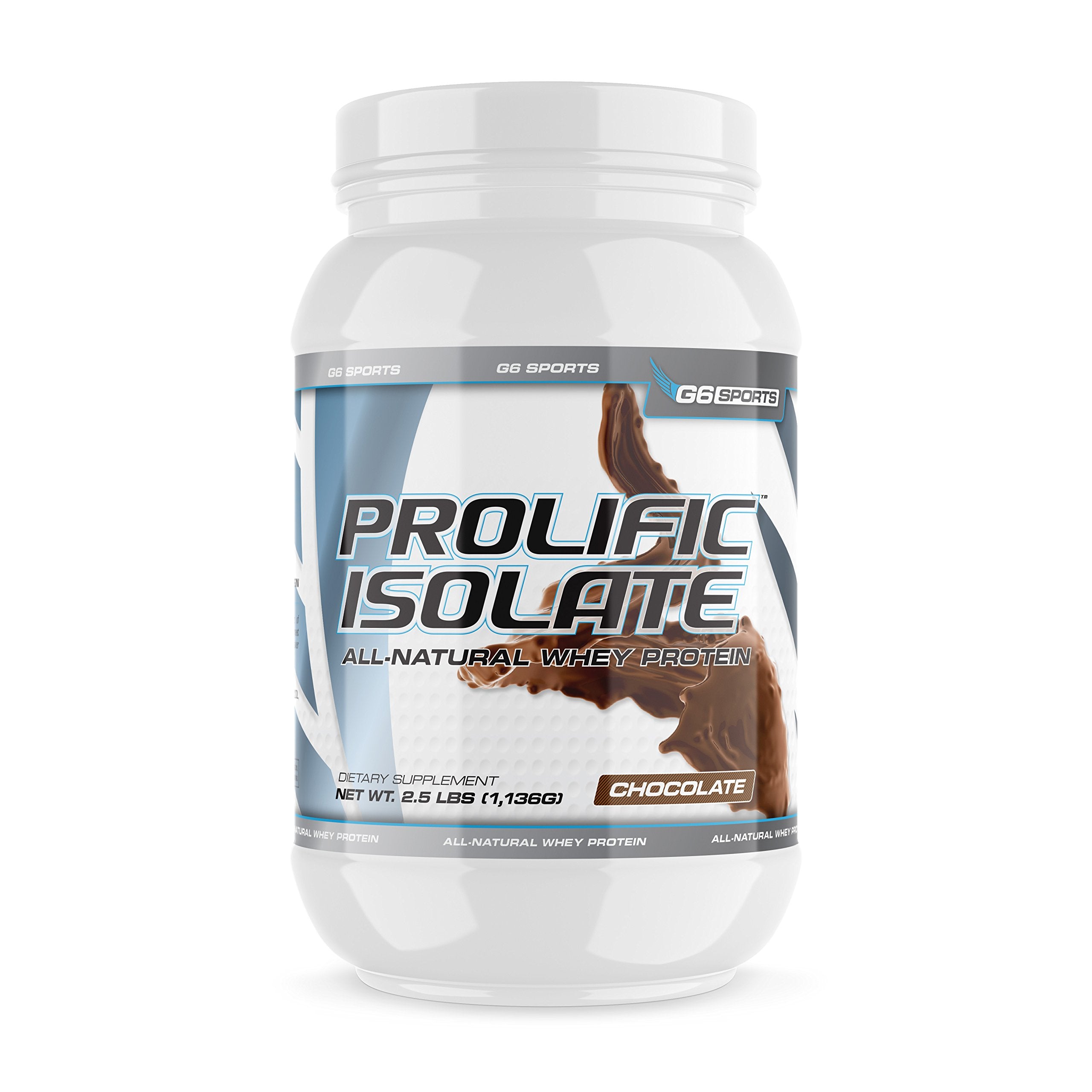 G6 Sports envase frontal Prolific Isolate chocolate mostrando tamaño 2.5 lb y beneficio práctico
