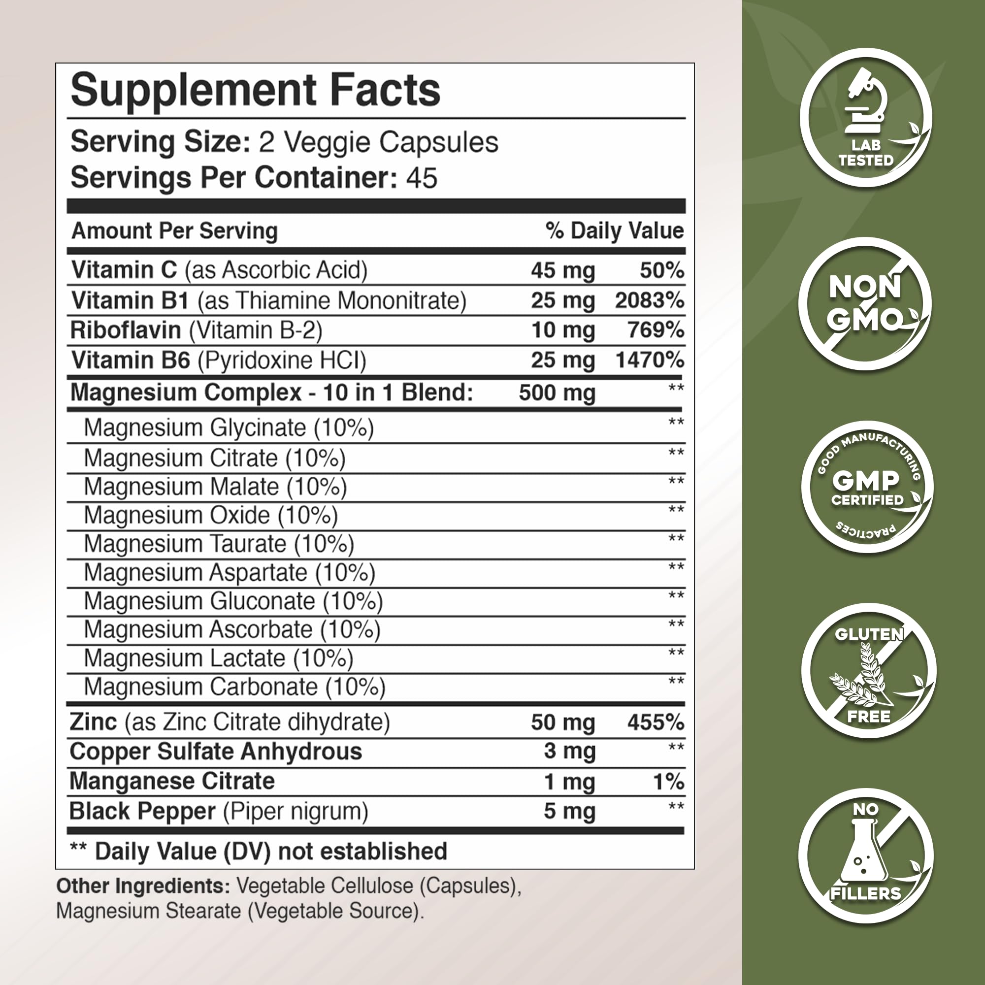 Gade Nutrition listado de ingredientes que destaca las diez formas de magnesio