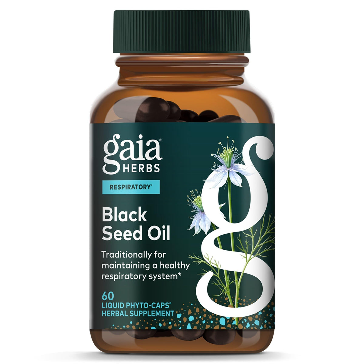 Gaia Herbs frasco frontal mostrando etiqueta clara y beneficios
