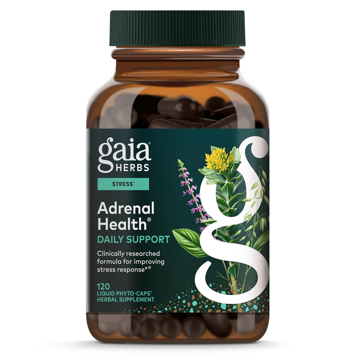 Gaia Herbs vista frontal del envase que muestra la presentación y beneficios