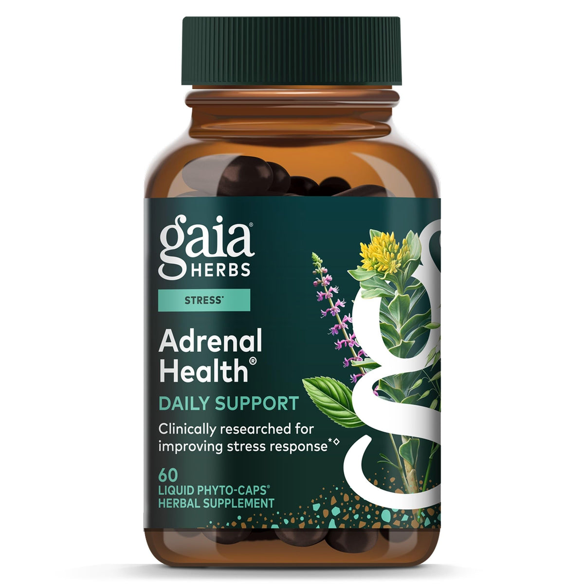 Gaia Herbs frontal del envase muestra la fórmula Adrenal Health y beneficios diarios