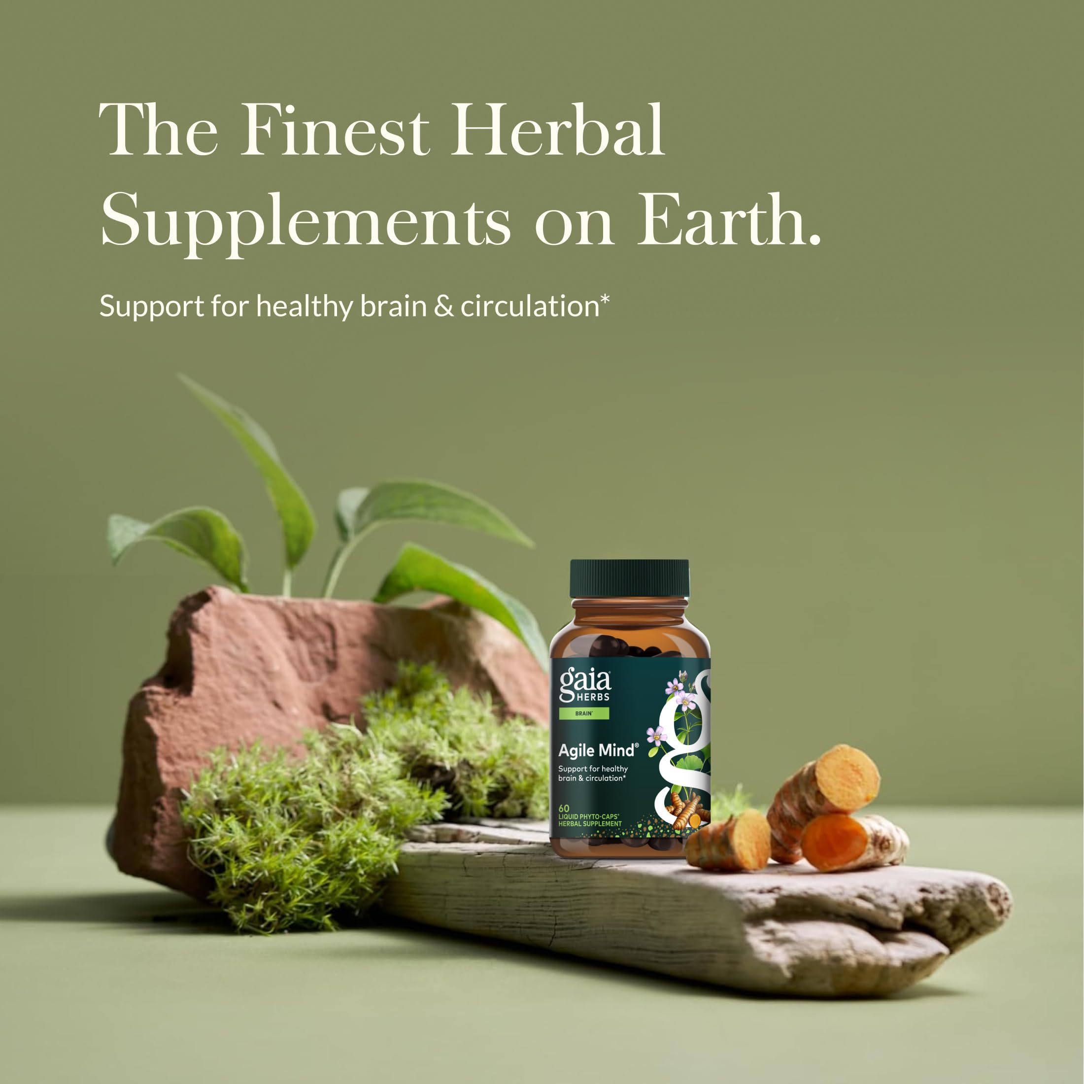 Gaia Herbs Agile Mind cápsulas veganas en primer plano, fácil de tomar