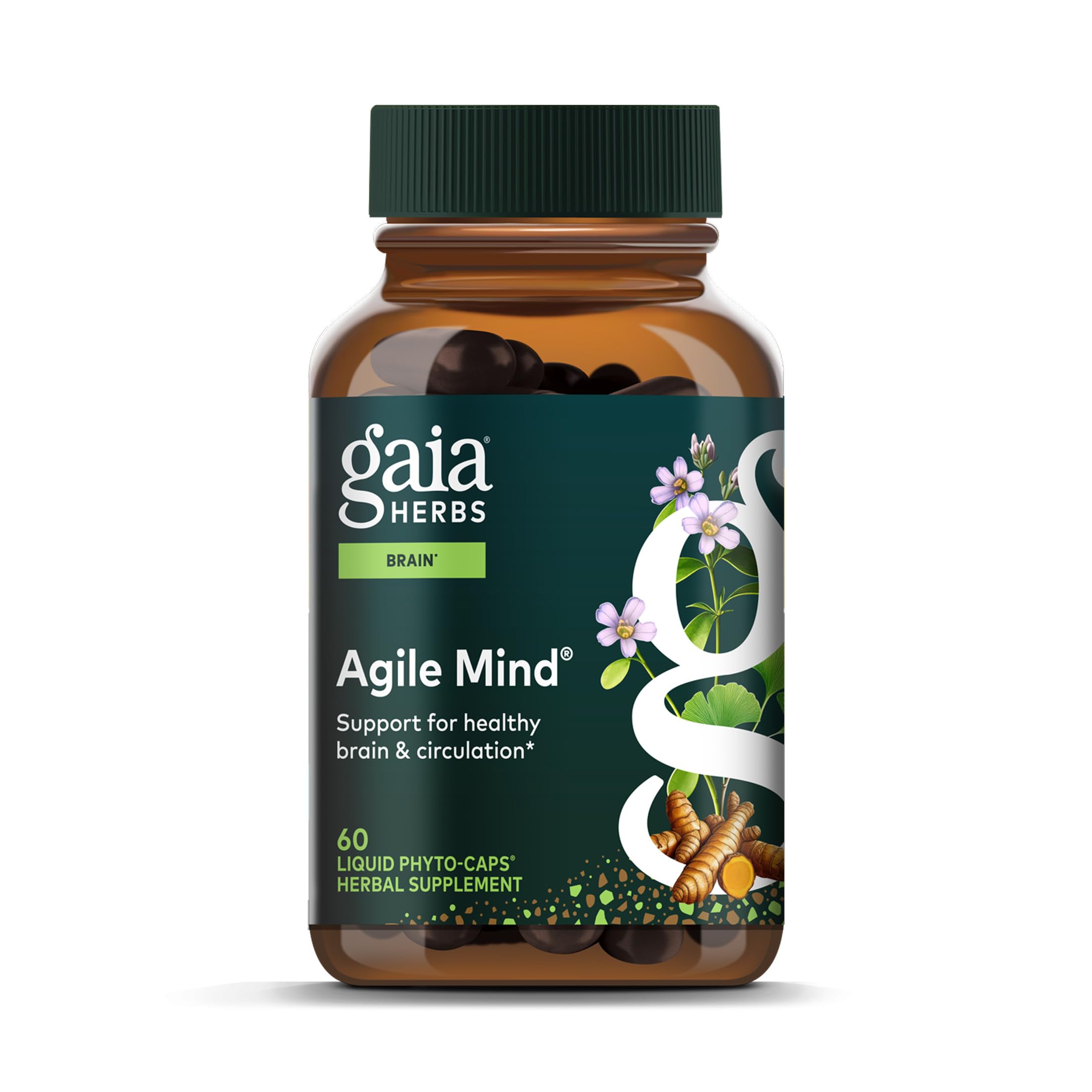 Gaia Herbs Agile Mind frente del envase mostrando sello de calidad