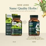 Gaia Herbs Agile Mind frasco sobre hojas verdes para sensación natural